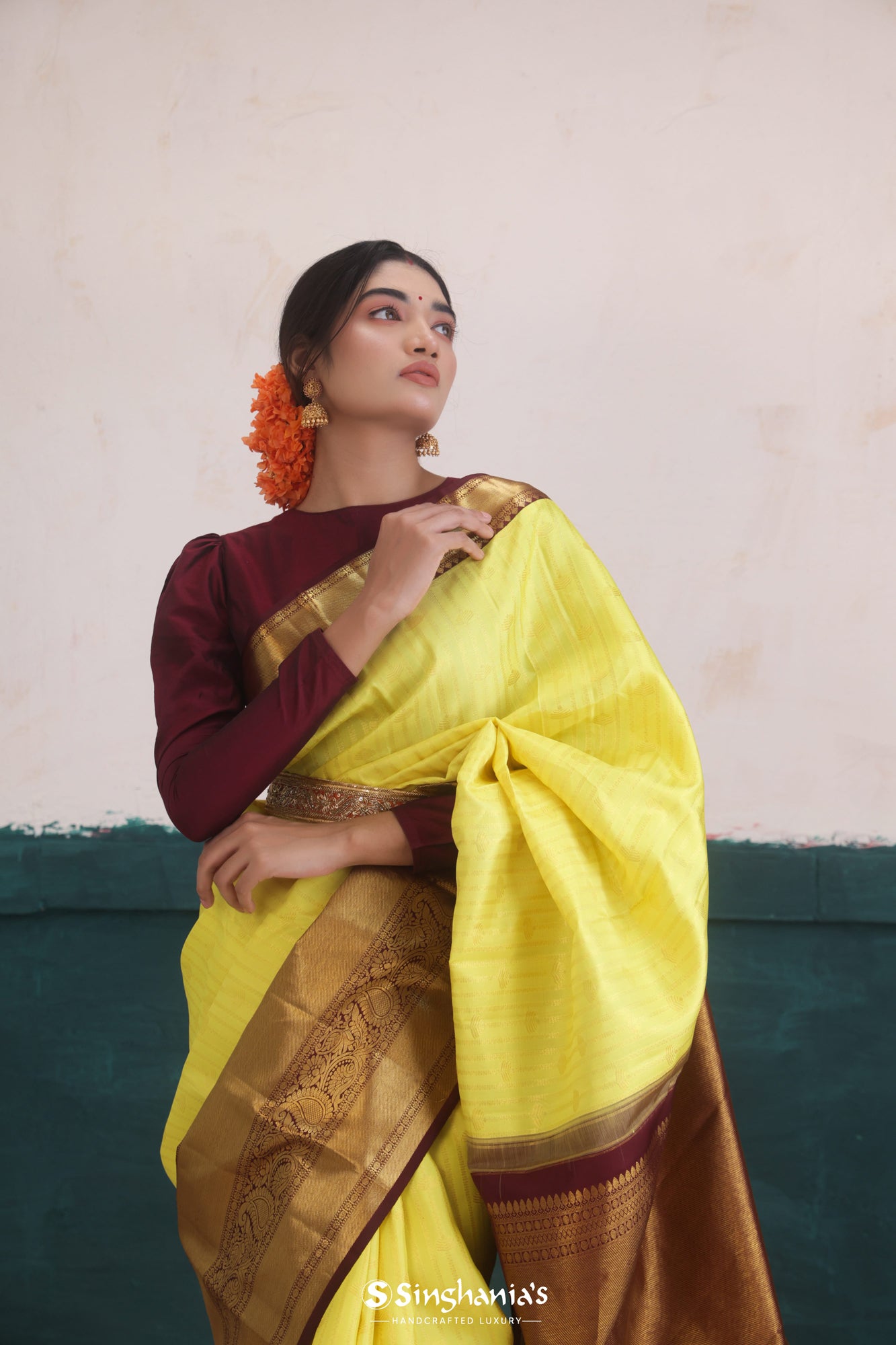 Yellow Green Kanjivaram Silk Saree With Floral Stripes Weaving