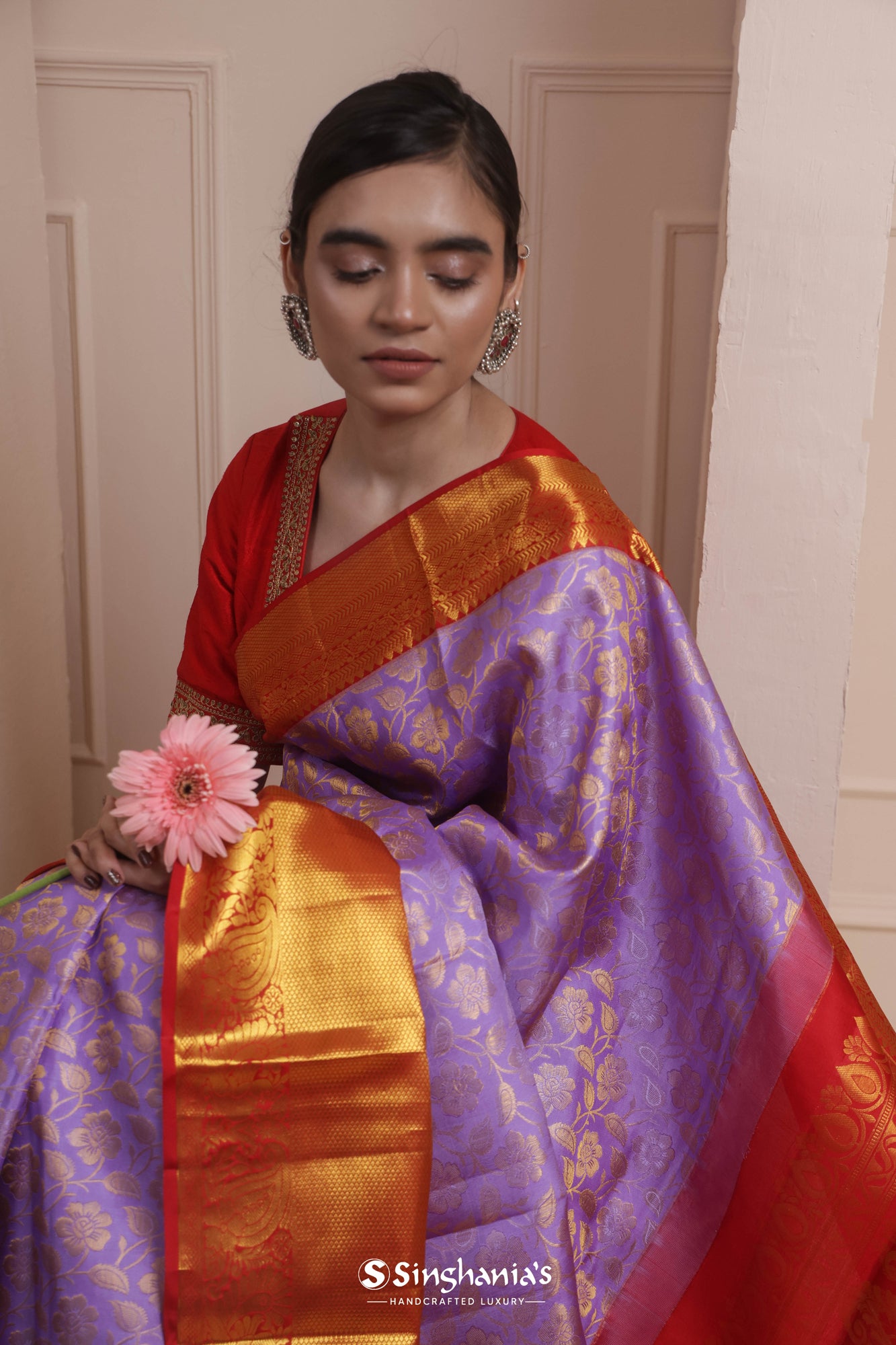 Periwinkle Purple Floral Jaal Kanjivaram Silk Saree
