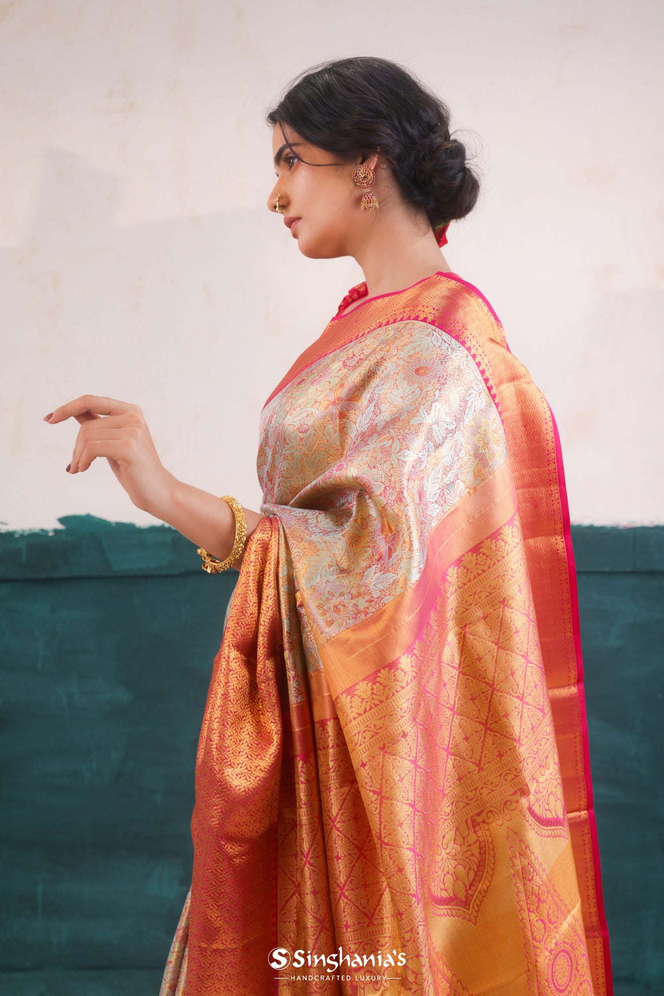 Laurel Green Kanjivaram Silk Saree With Floral Jaal Pattern