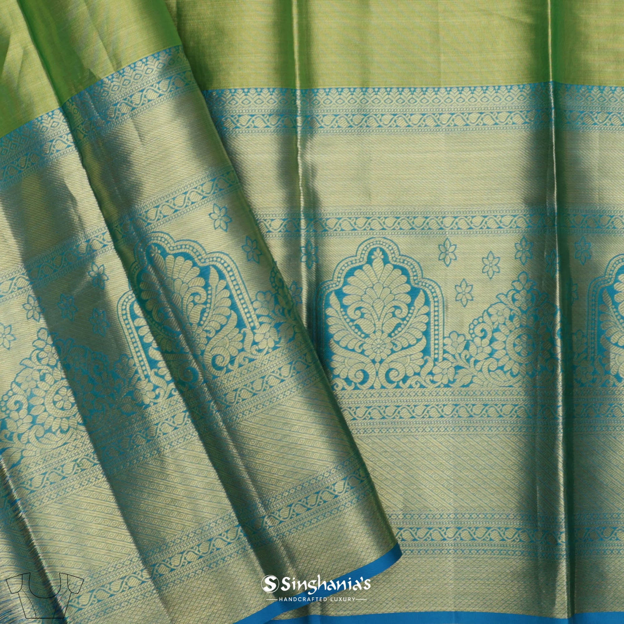 Moss Green Kanjivaram Silk Saree With Floral Jaal Design