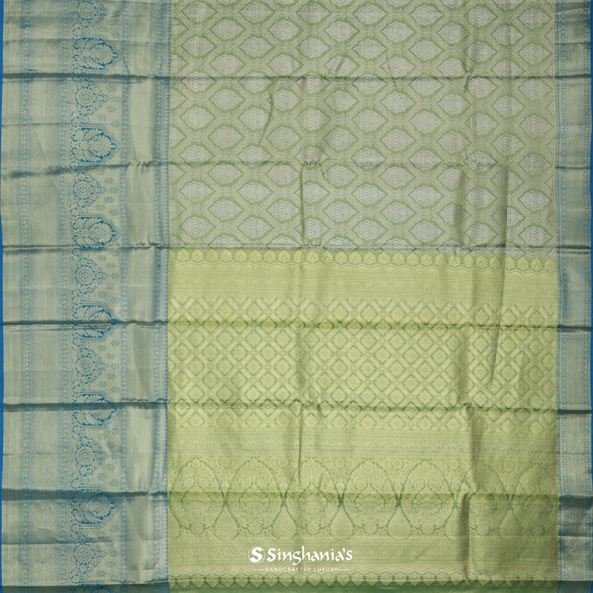 Moss Green Kanjivaram Silk Saree With Floral Jaal Design
