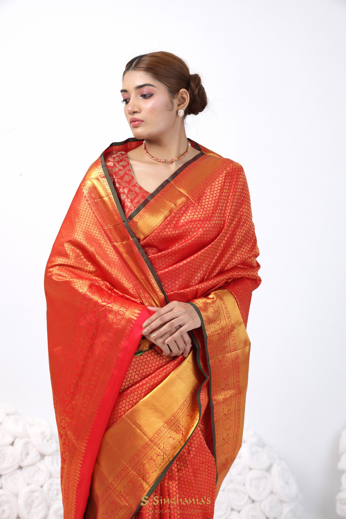 Bright Red Kanjivaram Silk Saree With Floral Butti Weaving