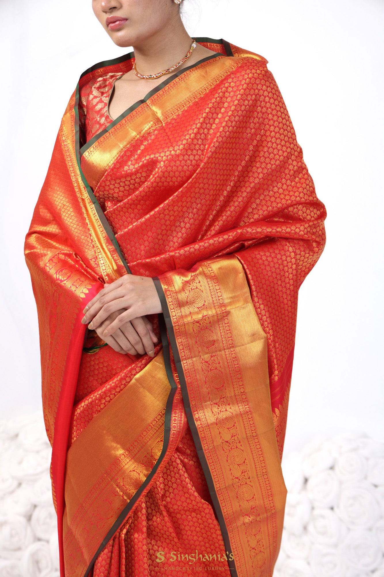 Bright Red Kanjivaram Silk Saree With Floral Butti Weaving