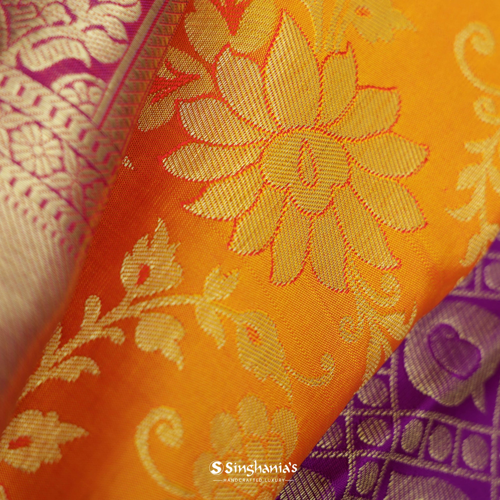 Orange Yellow Kanjivaram Silk Saree With Floral Jaal Design