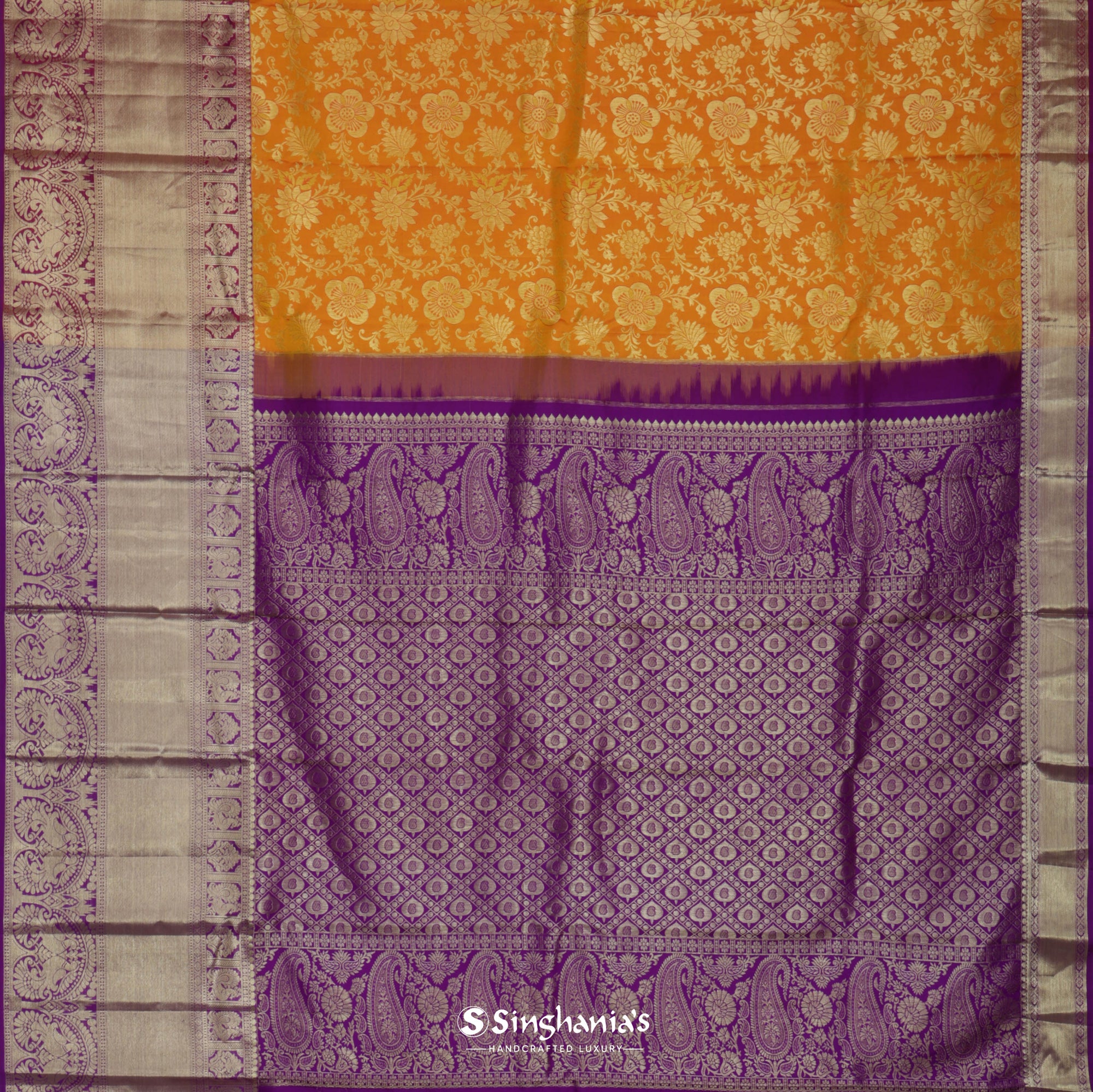 Orange Yellow Kanjivaram Silk Saree With Floral Jaal Design