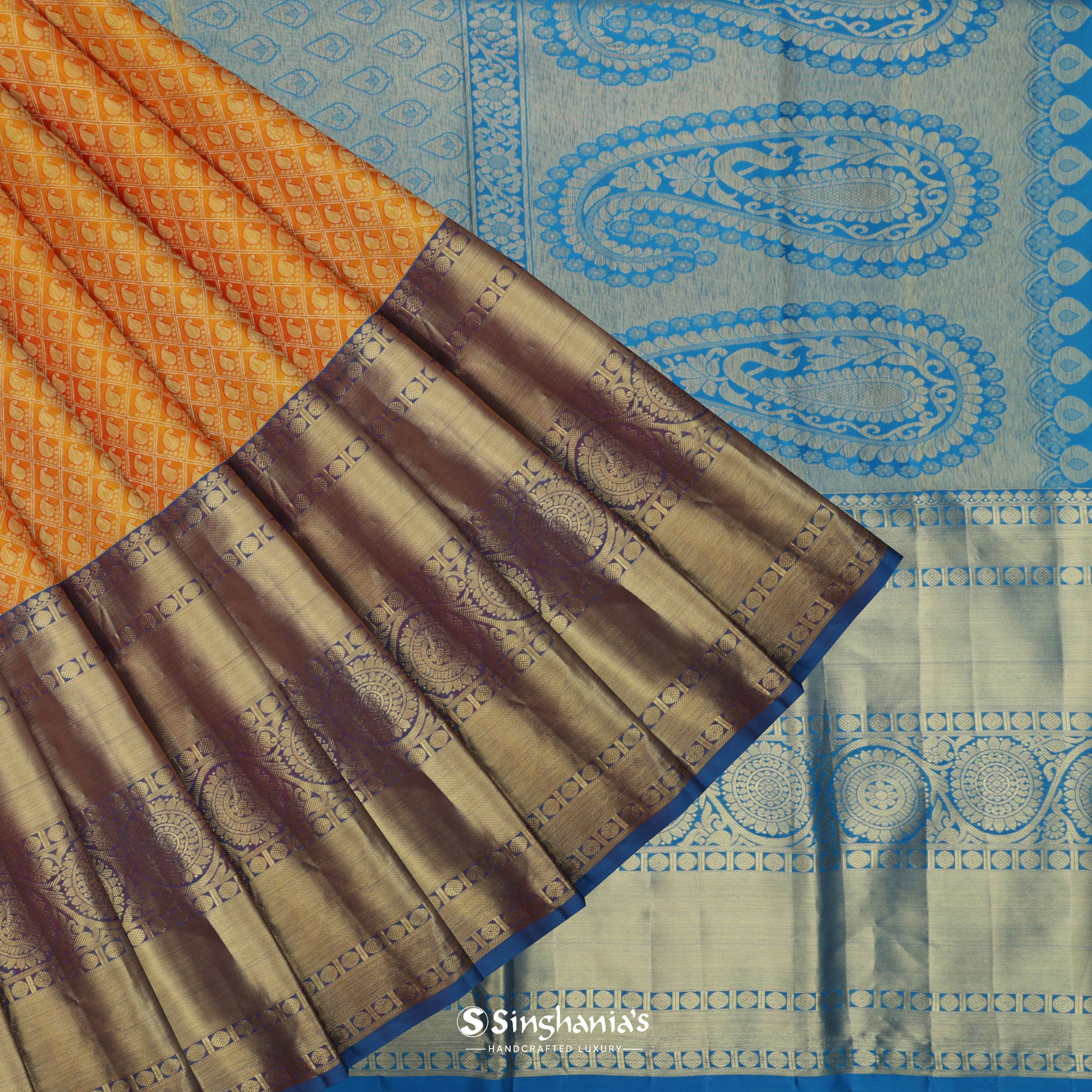 Orange Yellow Kanjivaram Saree With Floral Jaal Weaving