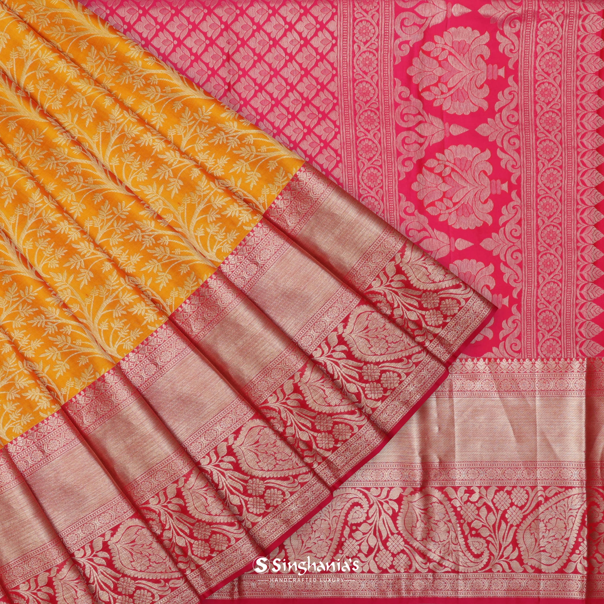 Marigold Yellow Kanjivaram Silk Saree With Floral Jaal Weaving