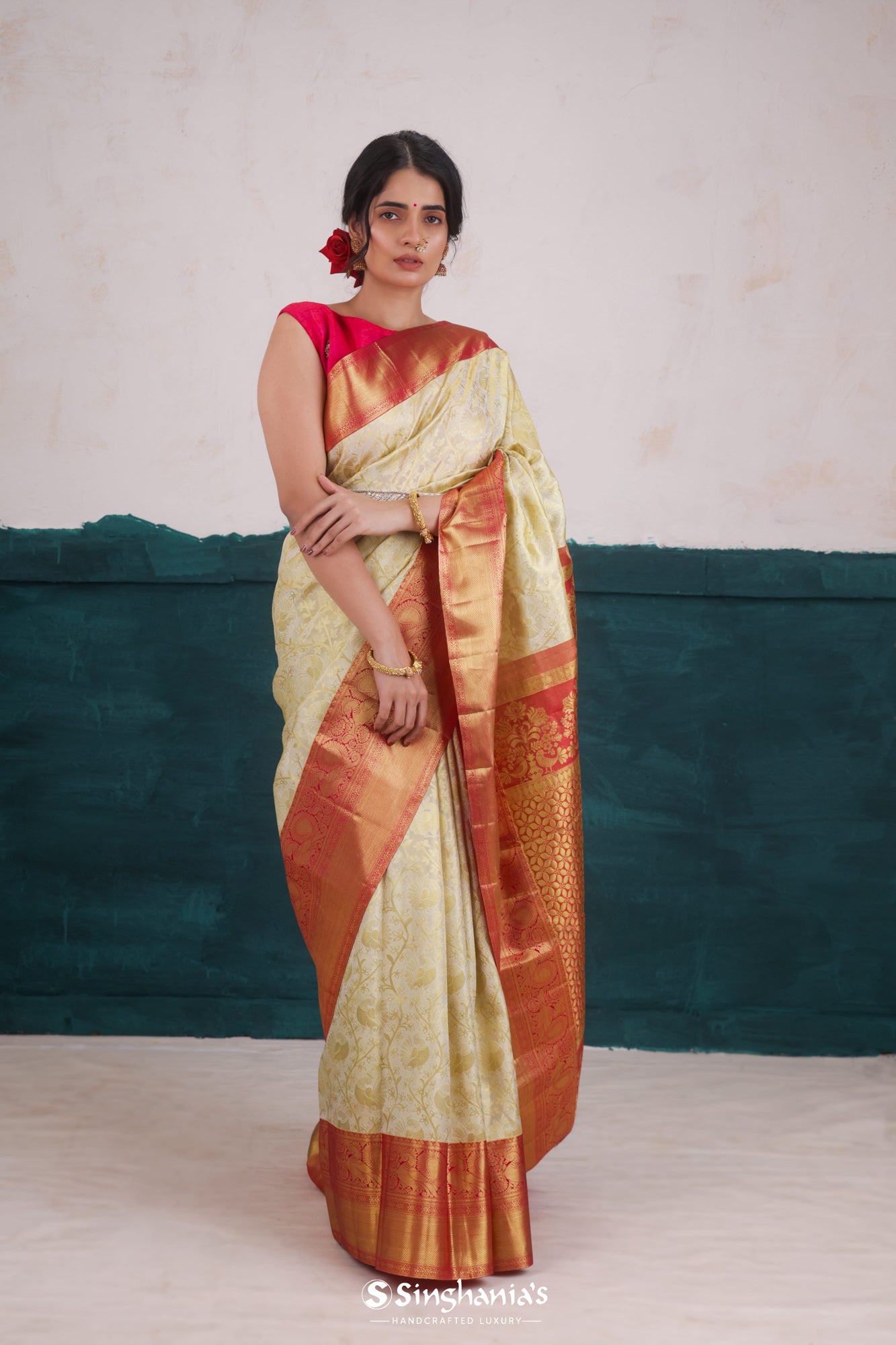 Tea Green Kanjivaram Silk Saree With Floral And Bird Weaving