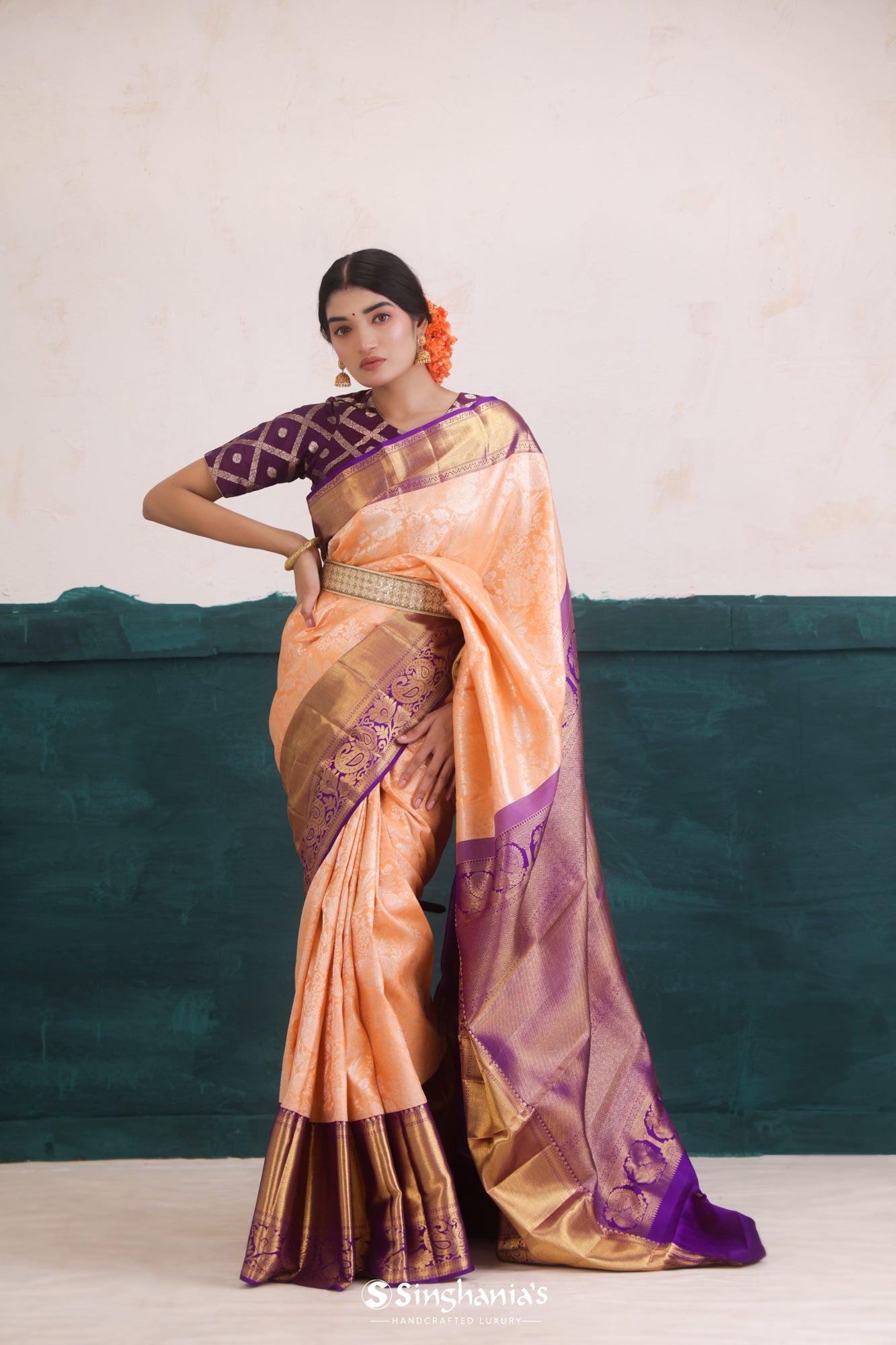 Peach Orange Kanjivaram Silk Saree With Floral Jaal Weaving