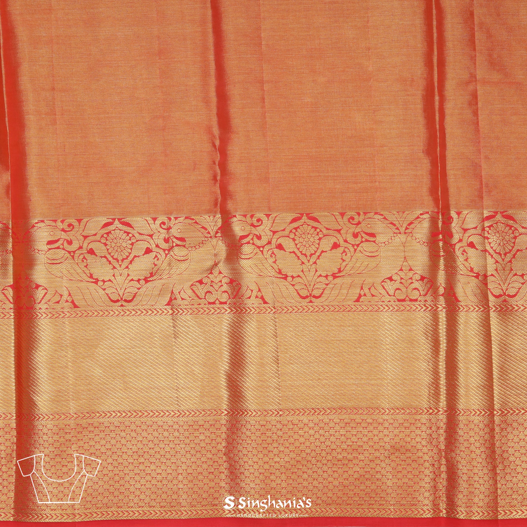 Coral Orange Kanjivaram Silk Saree With Floral Jaal Weaving
