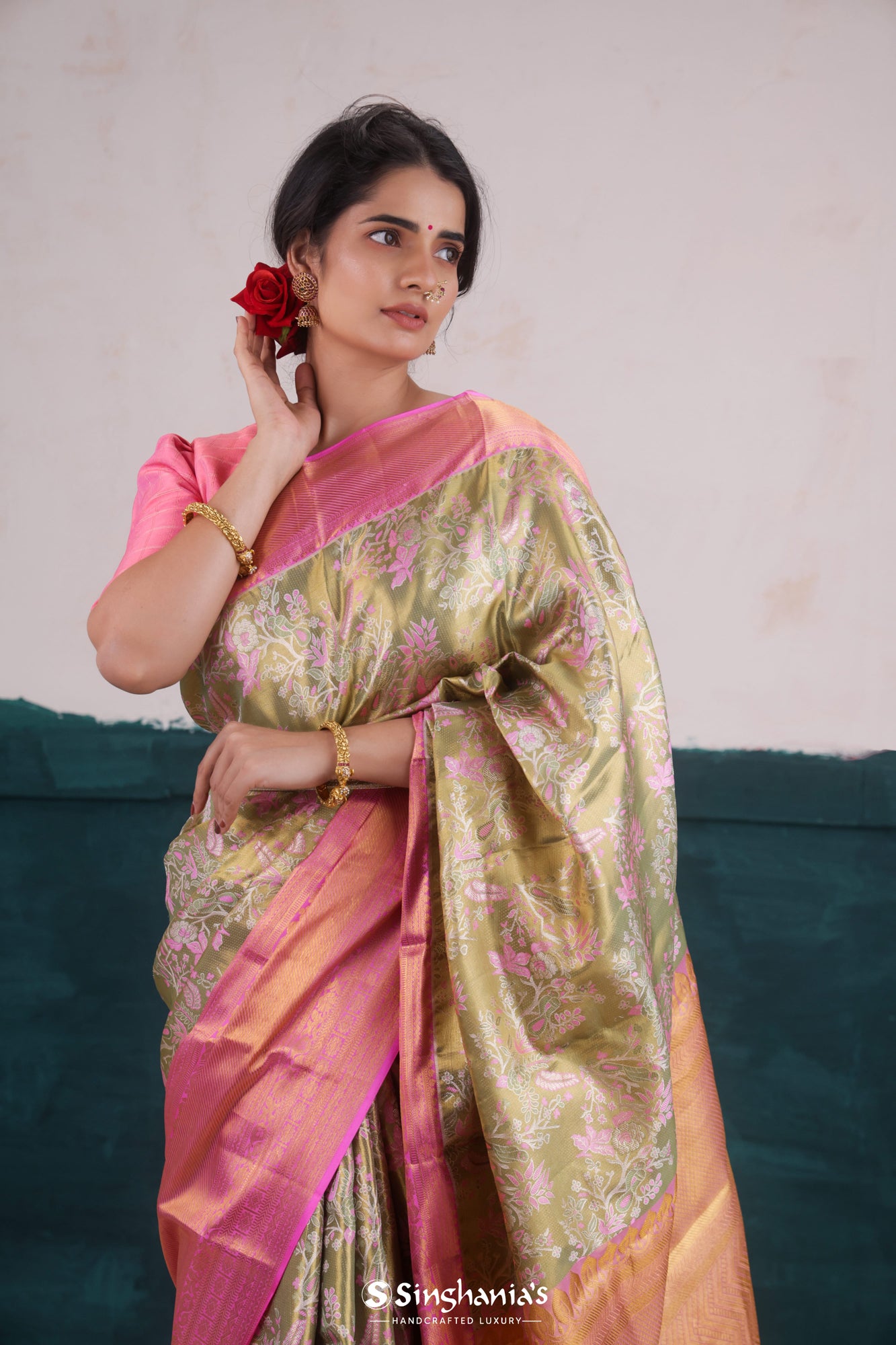 Olive Green Art Silk Saree Sari fabric India Golden Border 