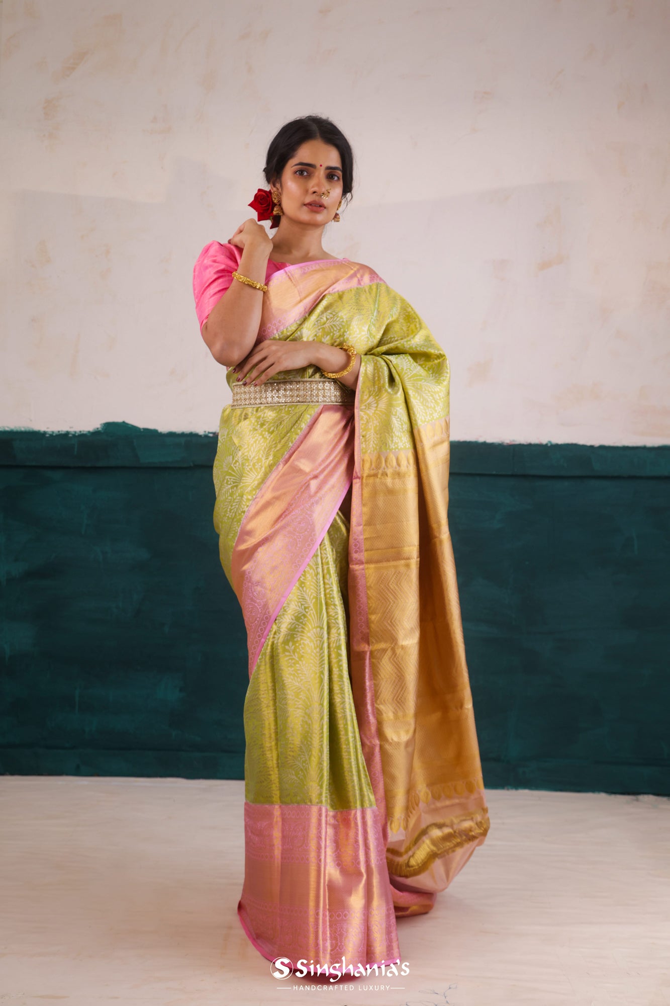 Olive Green Kanjivaram Silk Saree With Floral Jaal Pattern