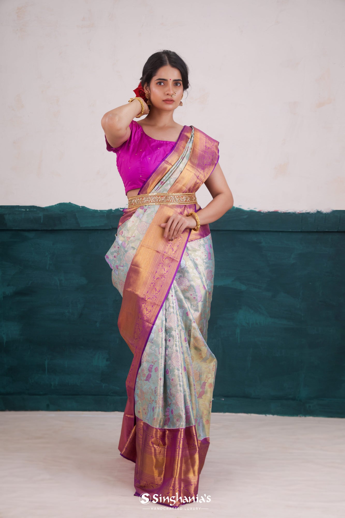 Light Bluish Green Kanjivaram Silk Saree With Floral And Bird Weaving