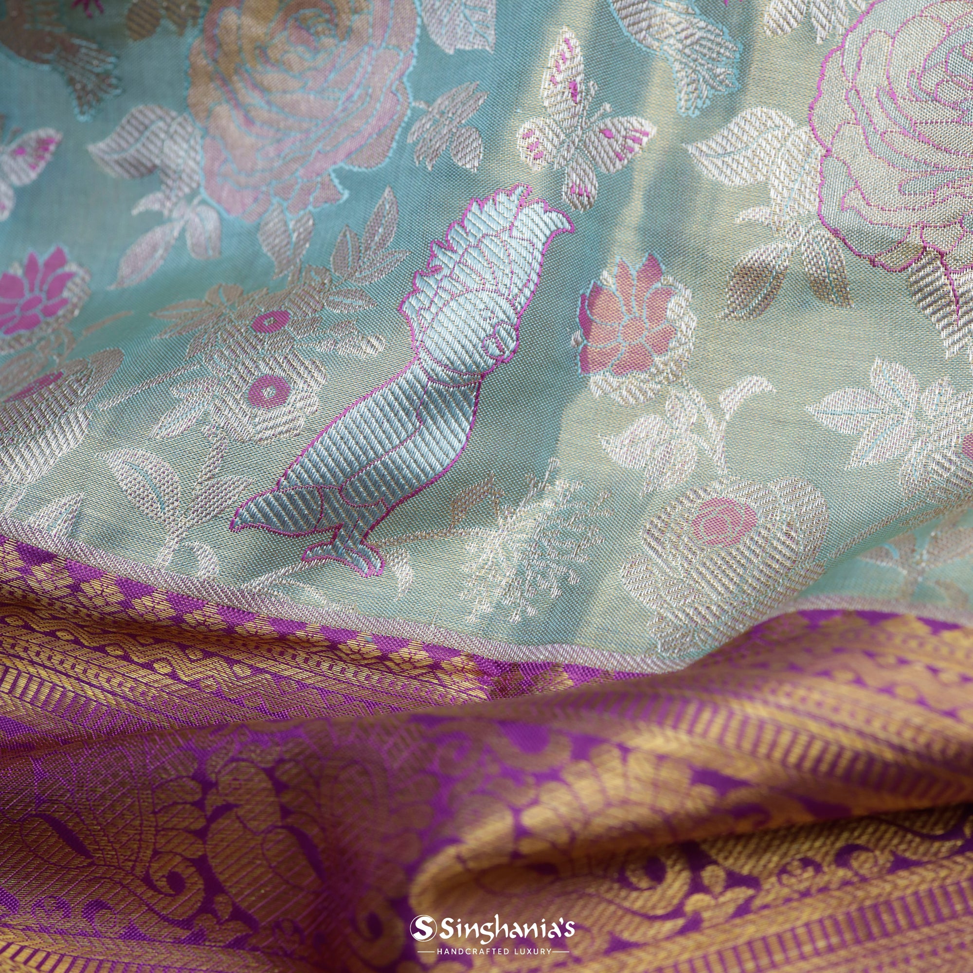 Light Bluish Green Kanjivaram Silk Saree With Floral And Bird Weaving