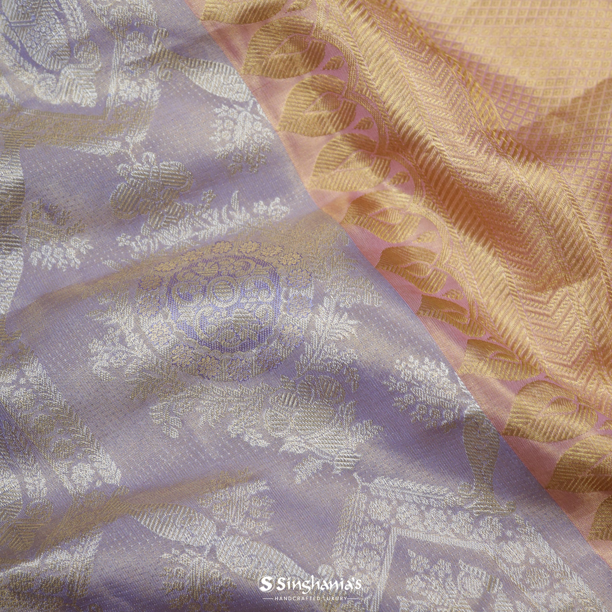 Pastel Purple Kanjivaram Silk Saree With Floral Ogival Pattern