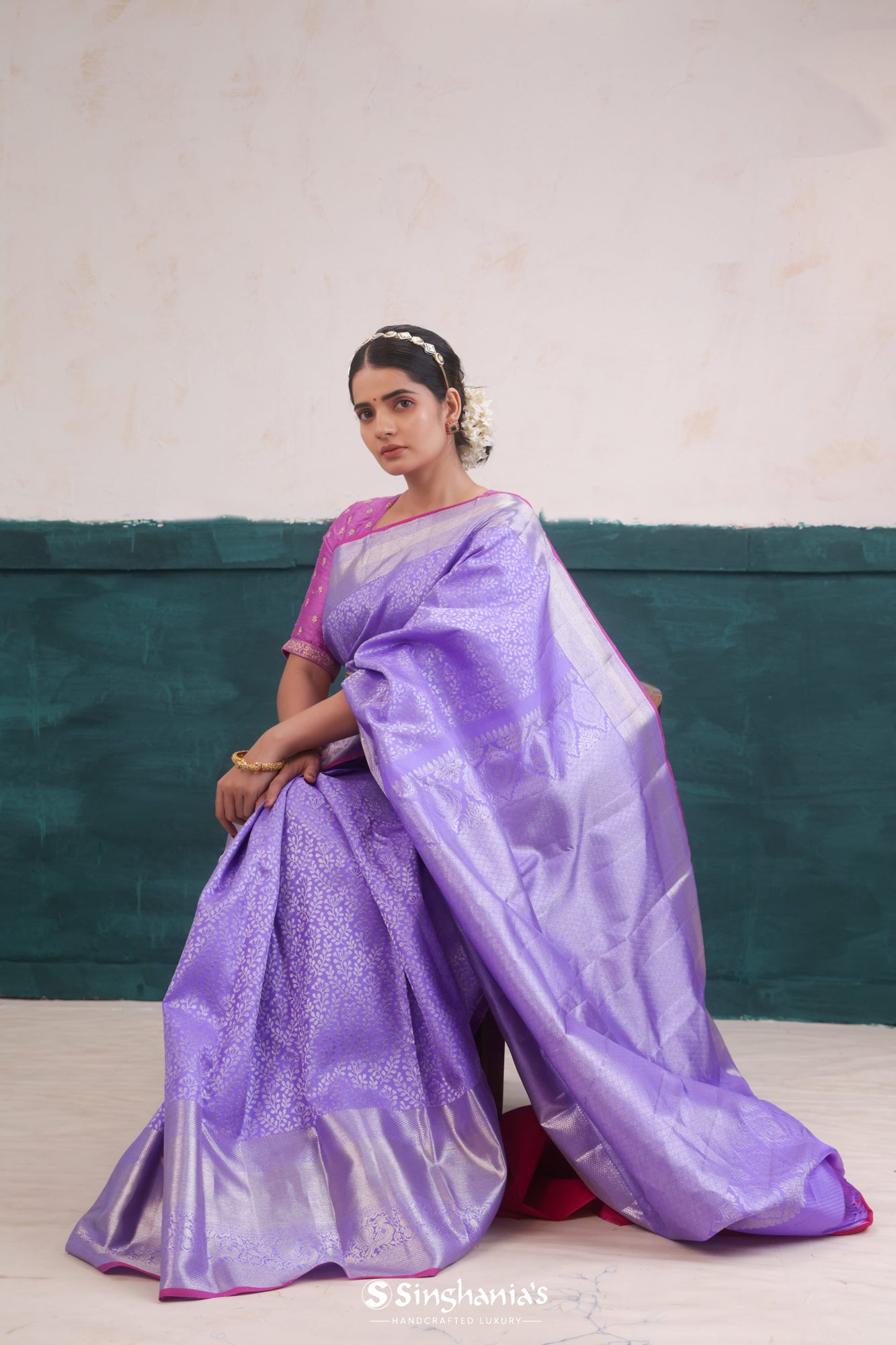 Medium Purple Kanjivaram Silk Saree With Floral Jaal Pattern