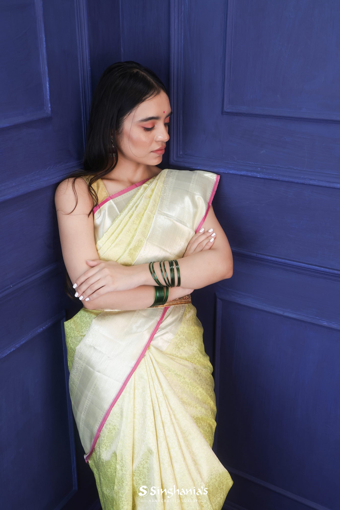 Mint Green Kanjivaram Silk Saree With Floral Pattern