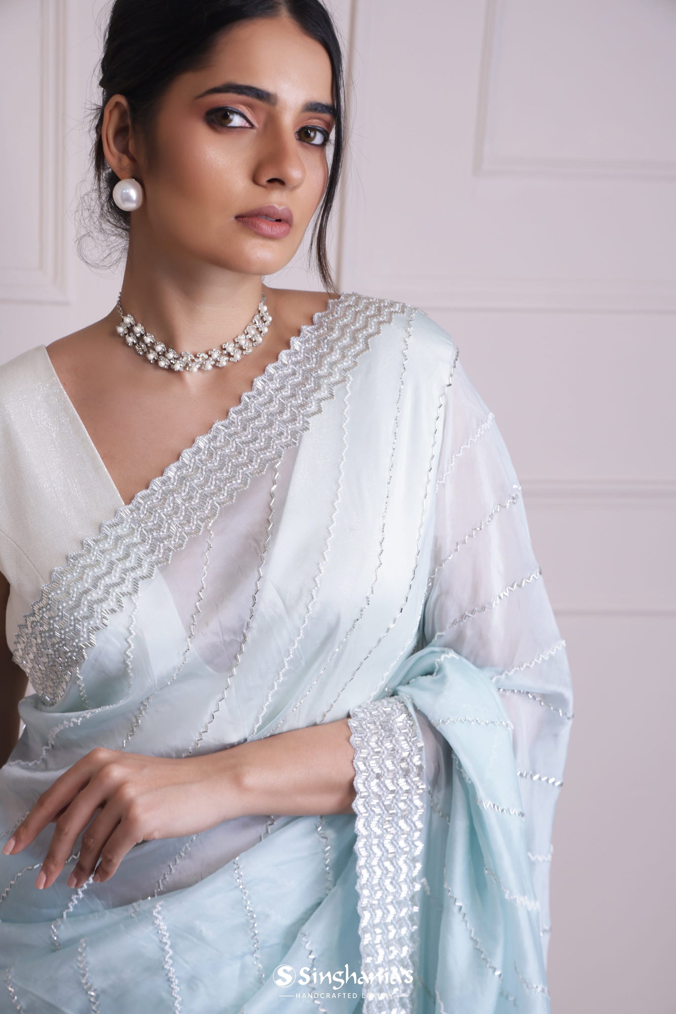 Columbia Blue Organza Saree With Hand Embroidery