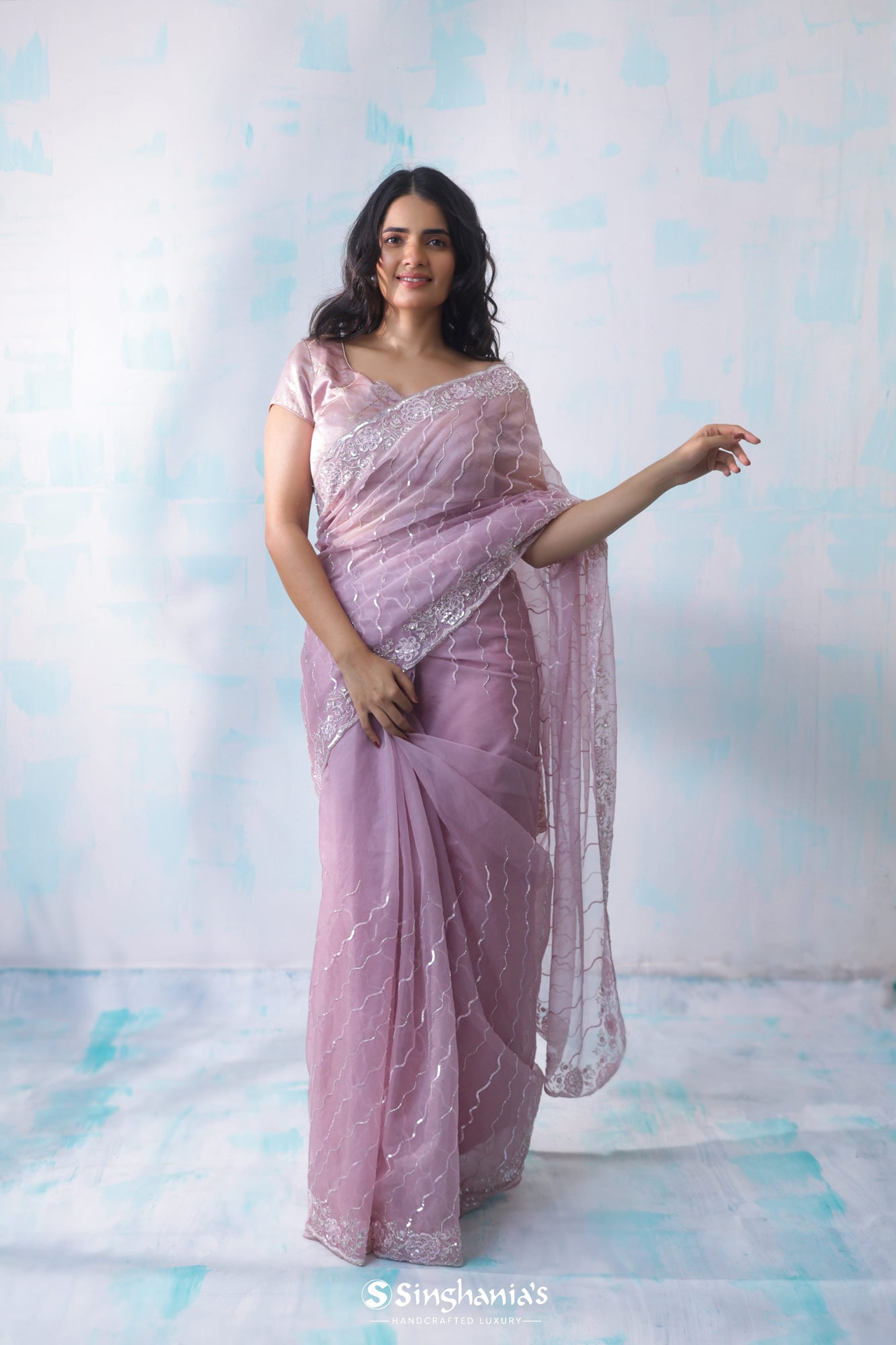 Lace Pink Organza Saree With Hand Embroidery