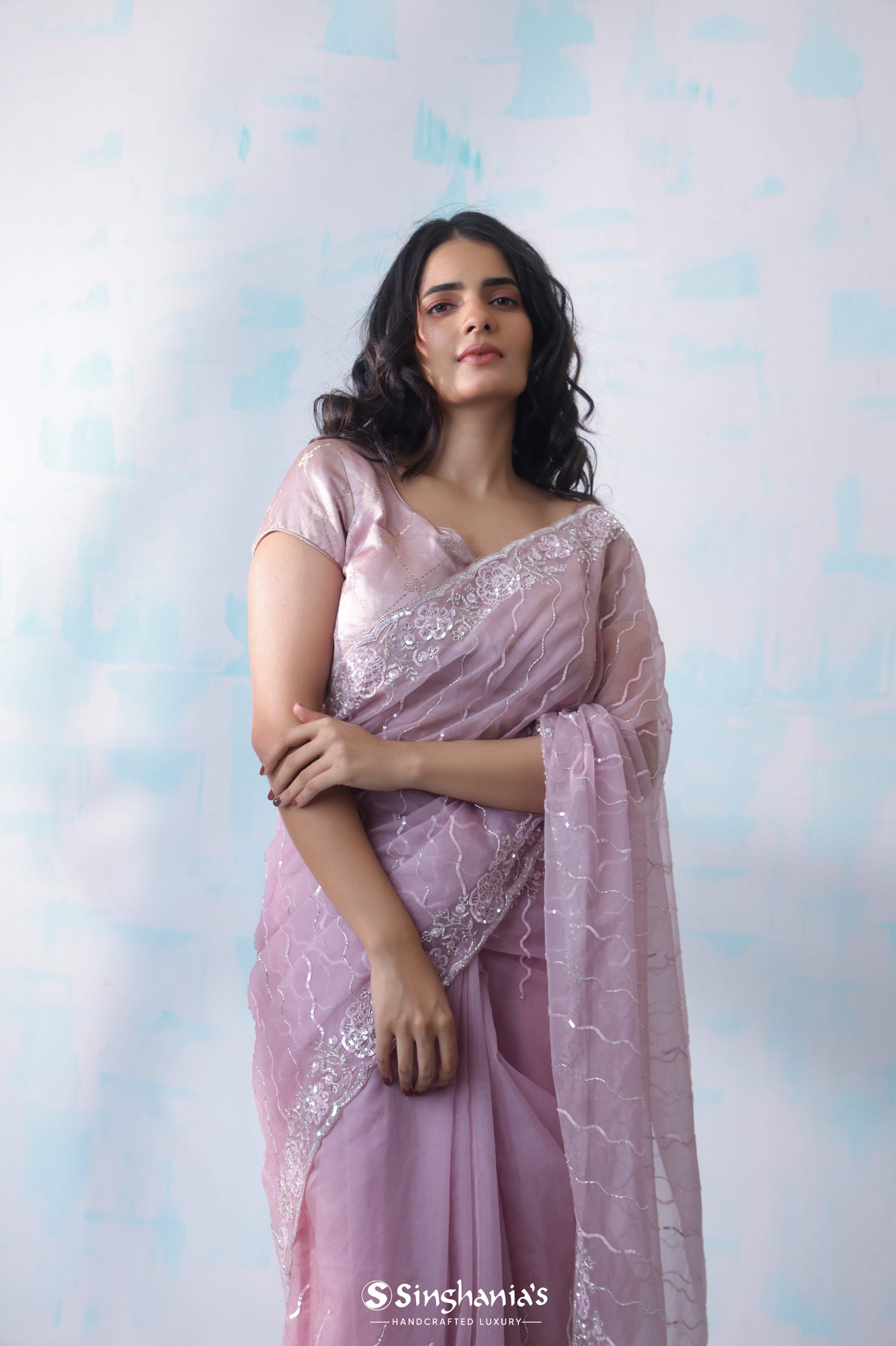 Lace Pink Organza Saree With Hand Embroidery