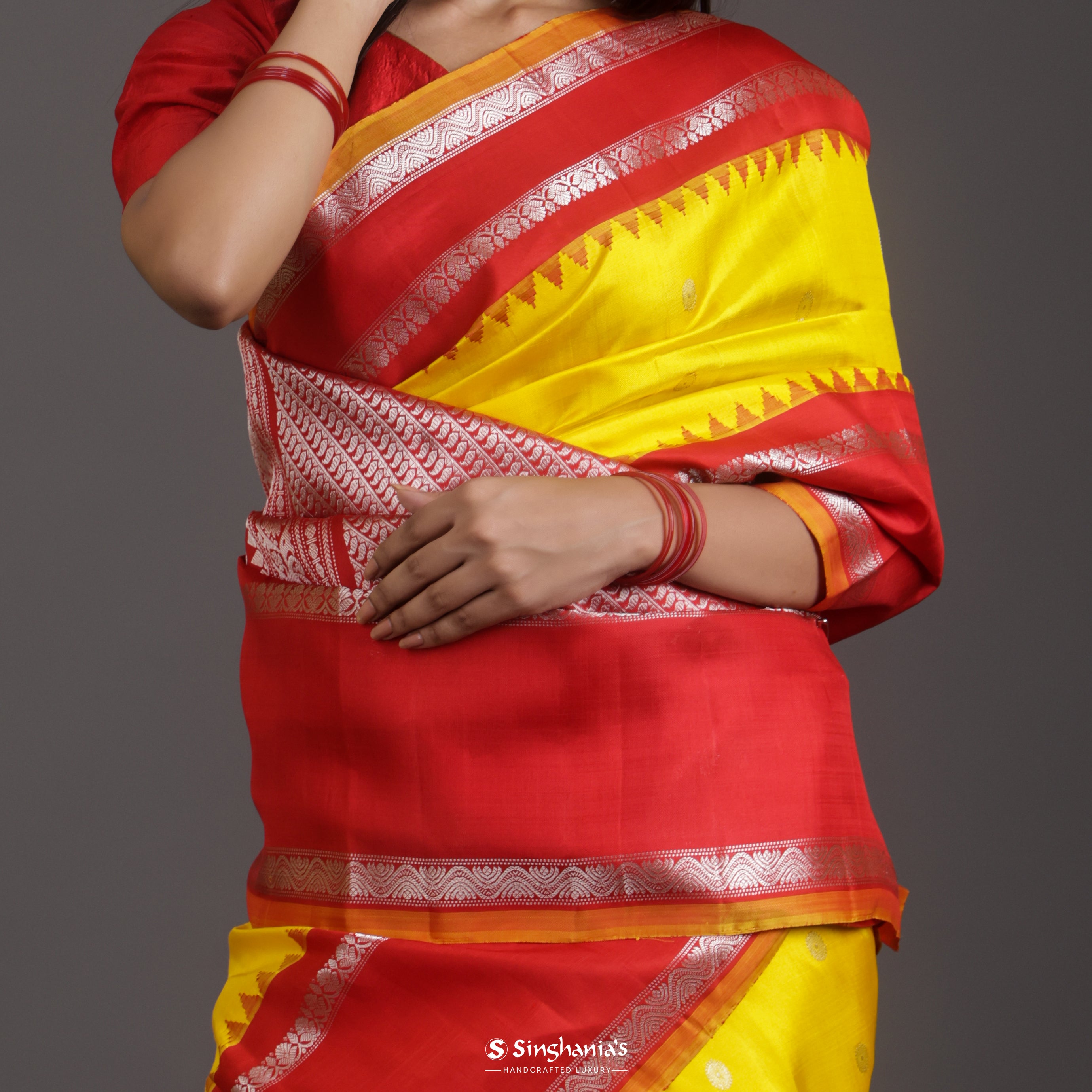 Canary Yellow Gadwal Silk Saree With Floral Buttis