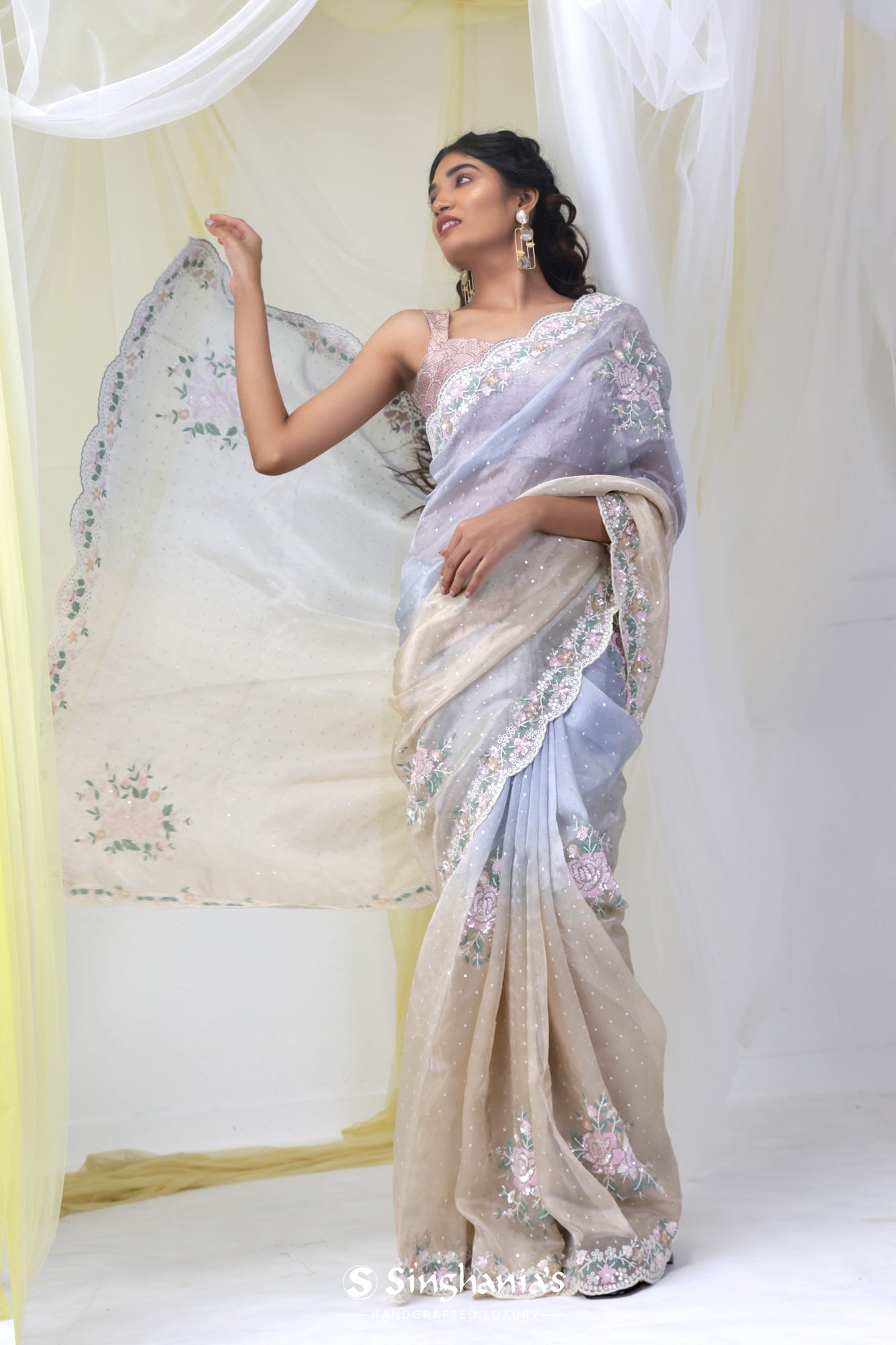 Phthalo Blue Tissue Silk Saree With Hand Embroidery