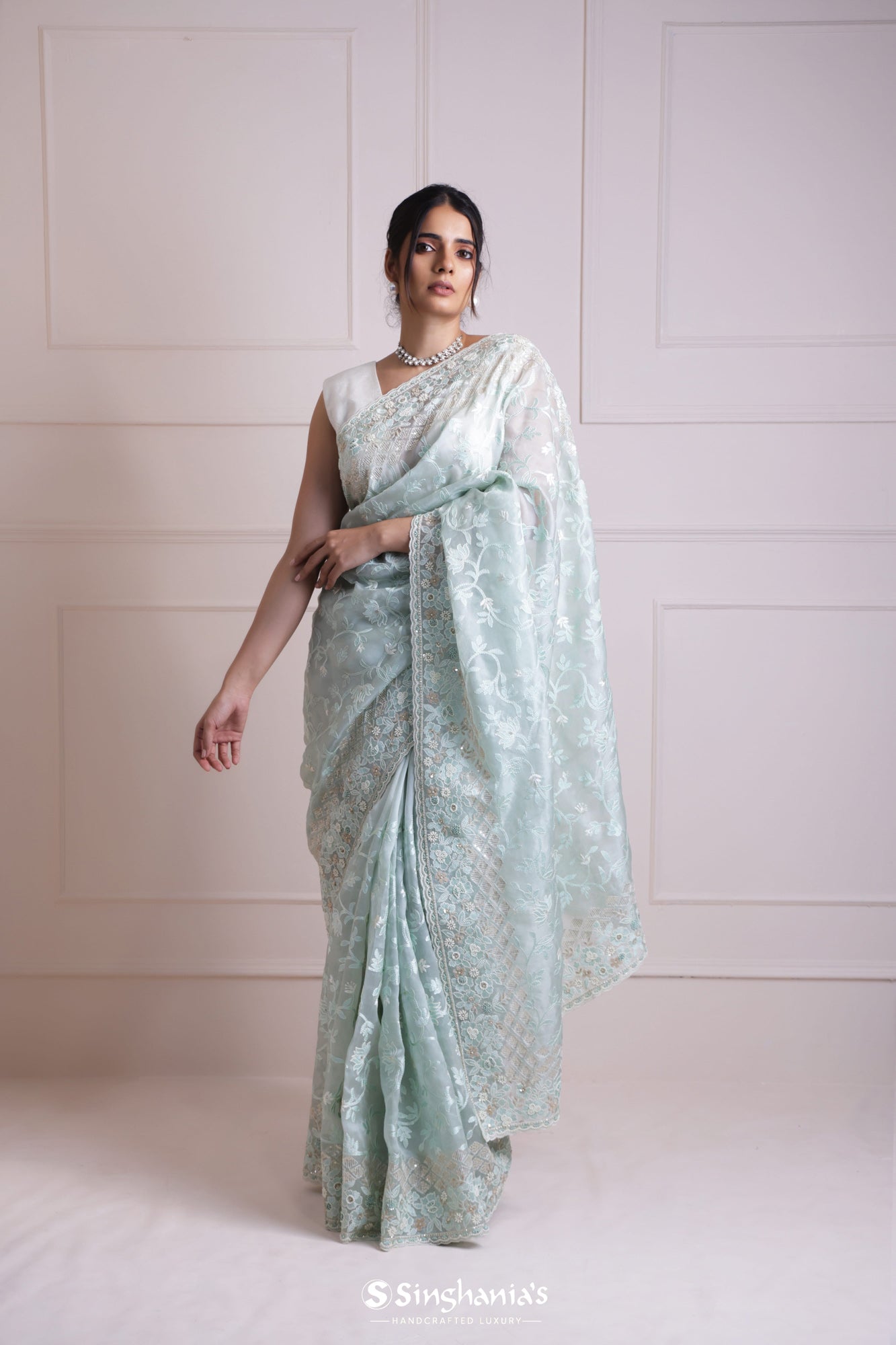Marian Blue Organza Saree With Hand Embroidery