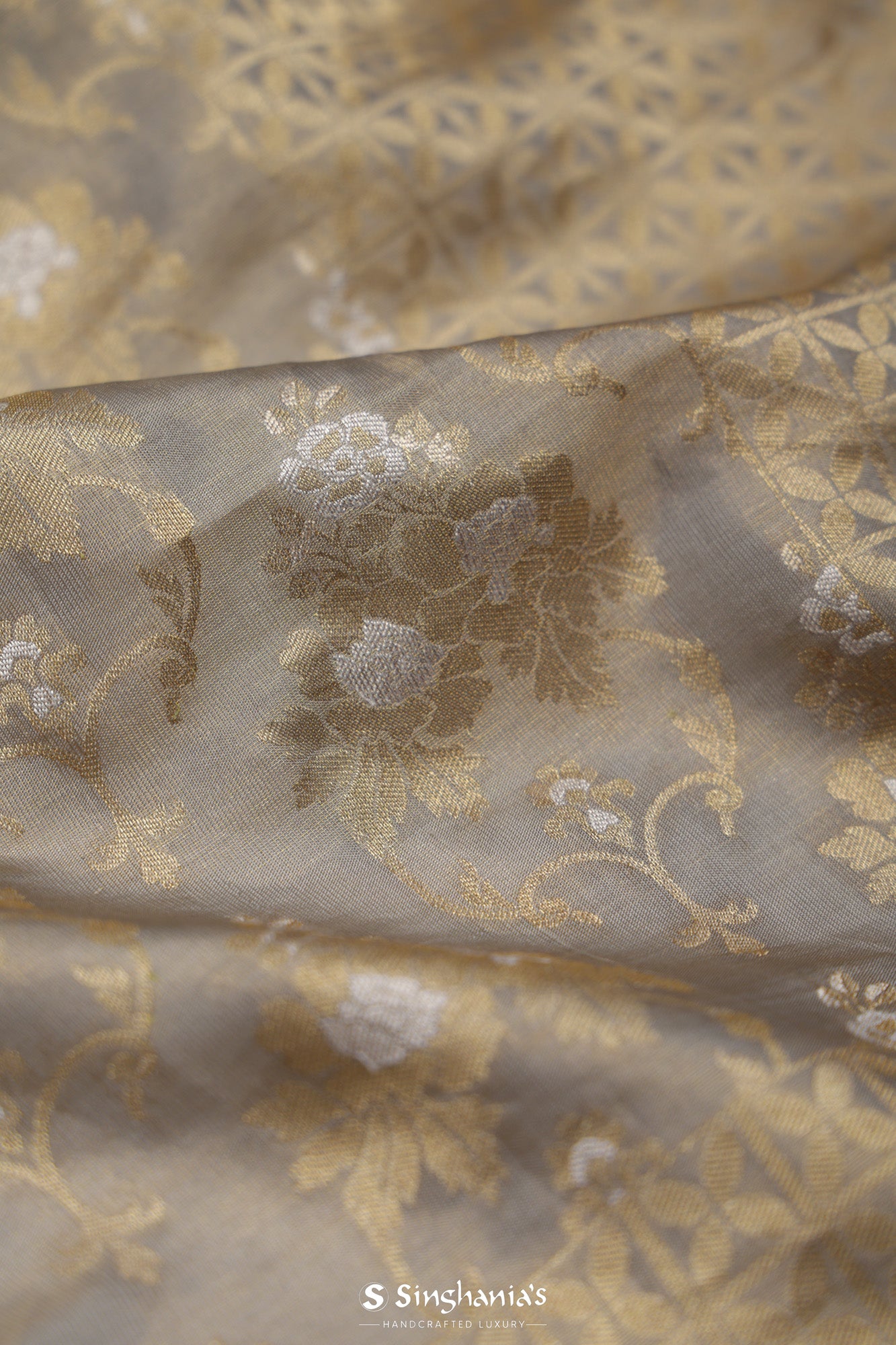Solid Grey Tissue Banarasi Saree With Floral Jaal Weaving
