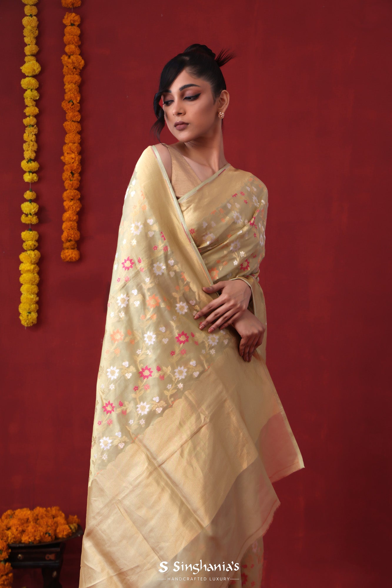 Pastel Moss Green Tissue Banarasi Saree With Floral Jaal Weaving