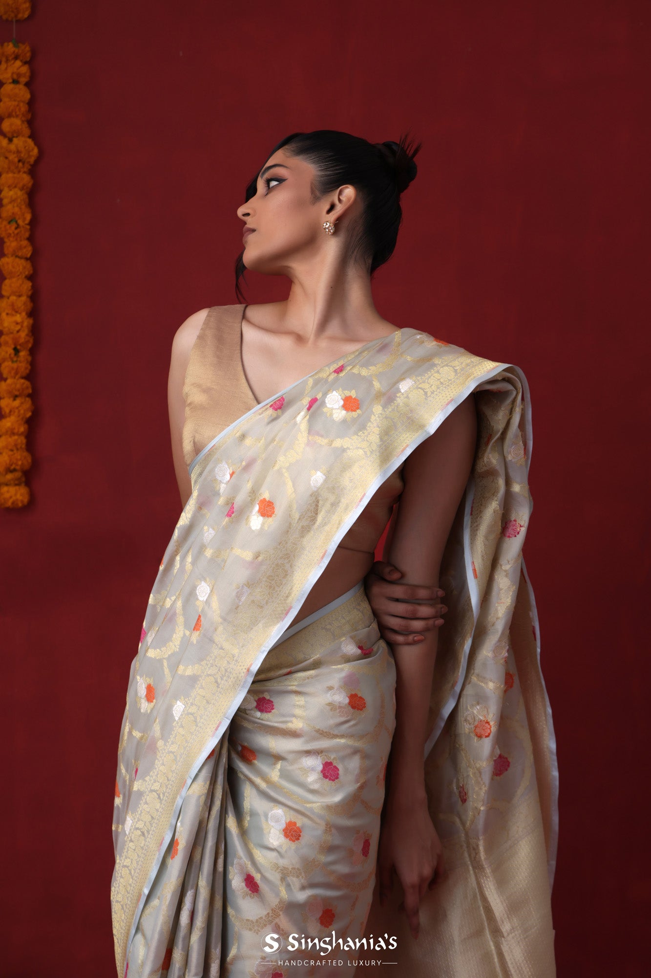 Ice Grey Tissue Banarasi Saree With Floral Jaal Weaving