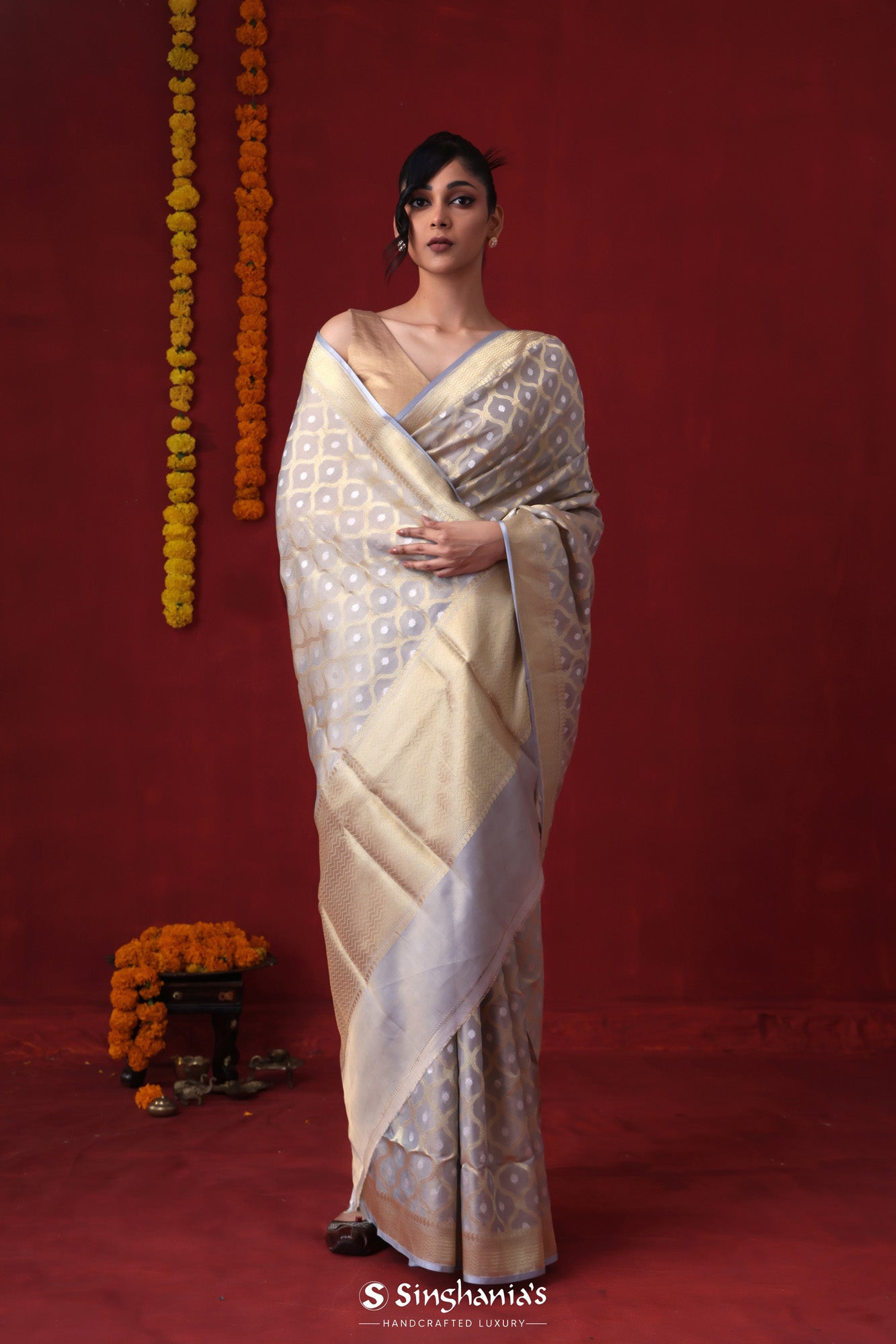 Periwinkle Purple Tissue Banarasi Saree With Floral Ogival Weaving