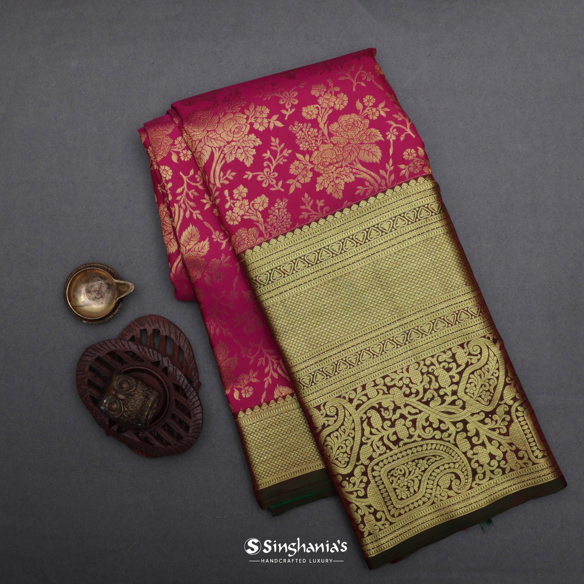 Debian Red Kanjivaram Silk Saree With Floral Jaal Design