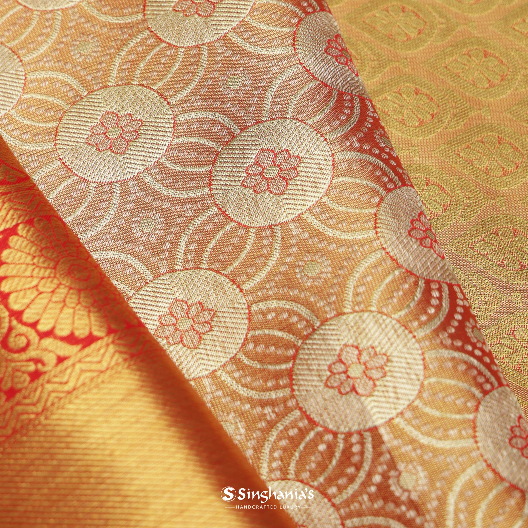 Butterscotch Orange Kanjivaram Silk Saree With Floral Jaal Weaving
