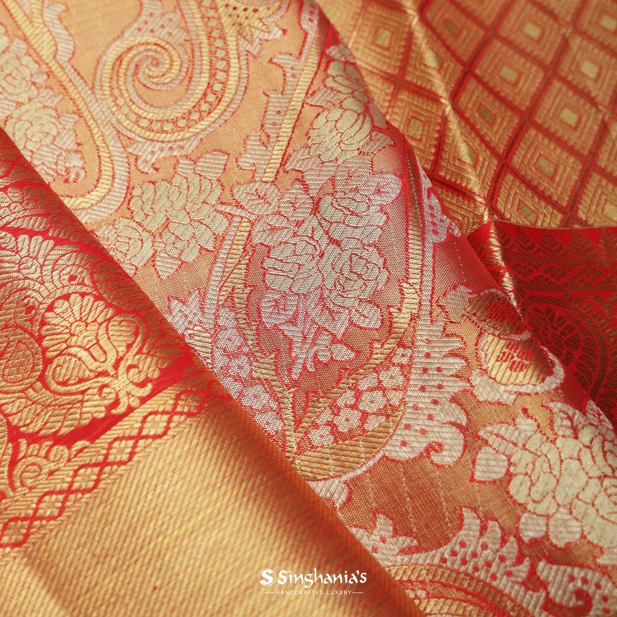 Koi Orange Kanjivaram Silk Saree With Floral Jaal Weaving