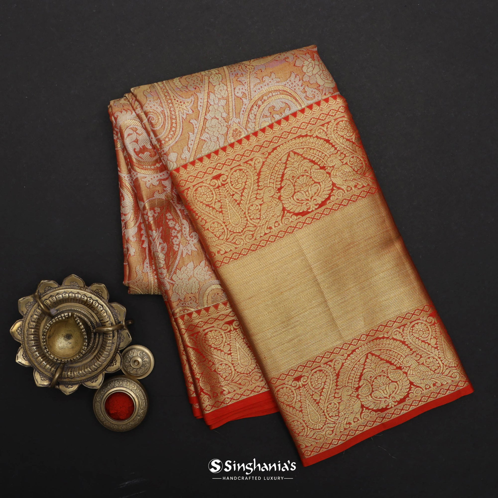 Koi Orange Kanjivaram Silk Saree With Floral Jaal Weaving
