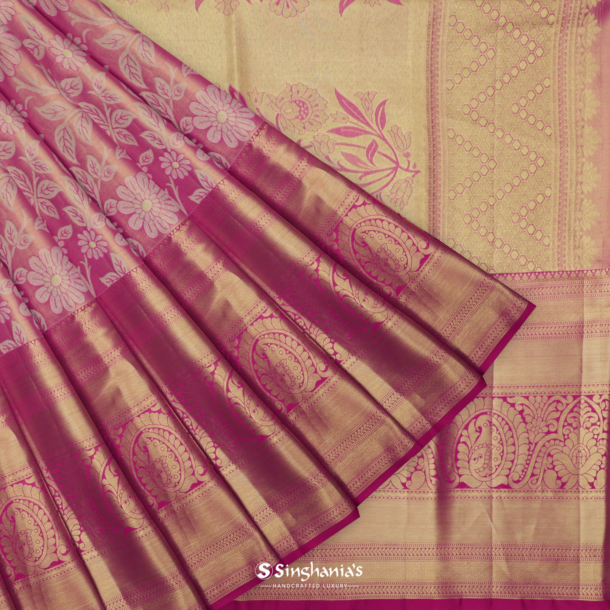 Dark Pink Kanjivaram Silk Saree With Floral Jaal Weaving