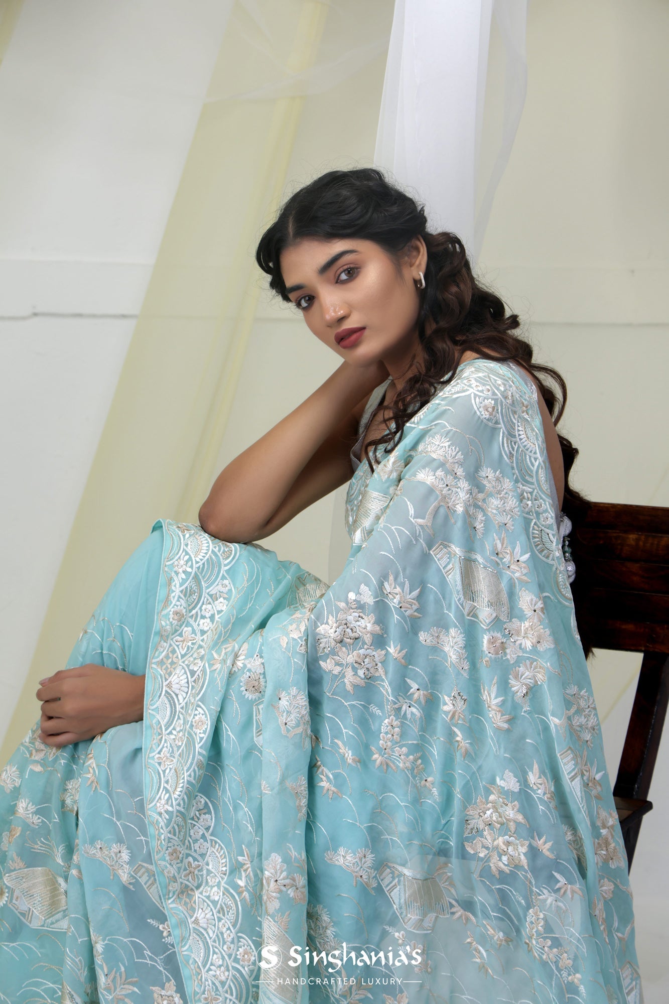 Sky Blue Georgette Saree With Resham Embroidery