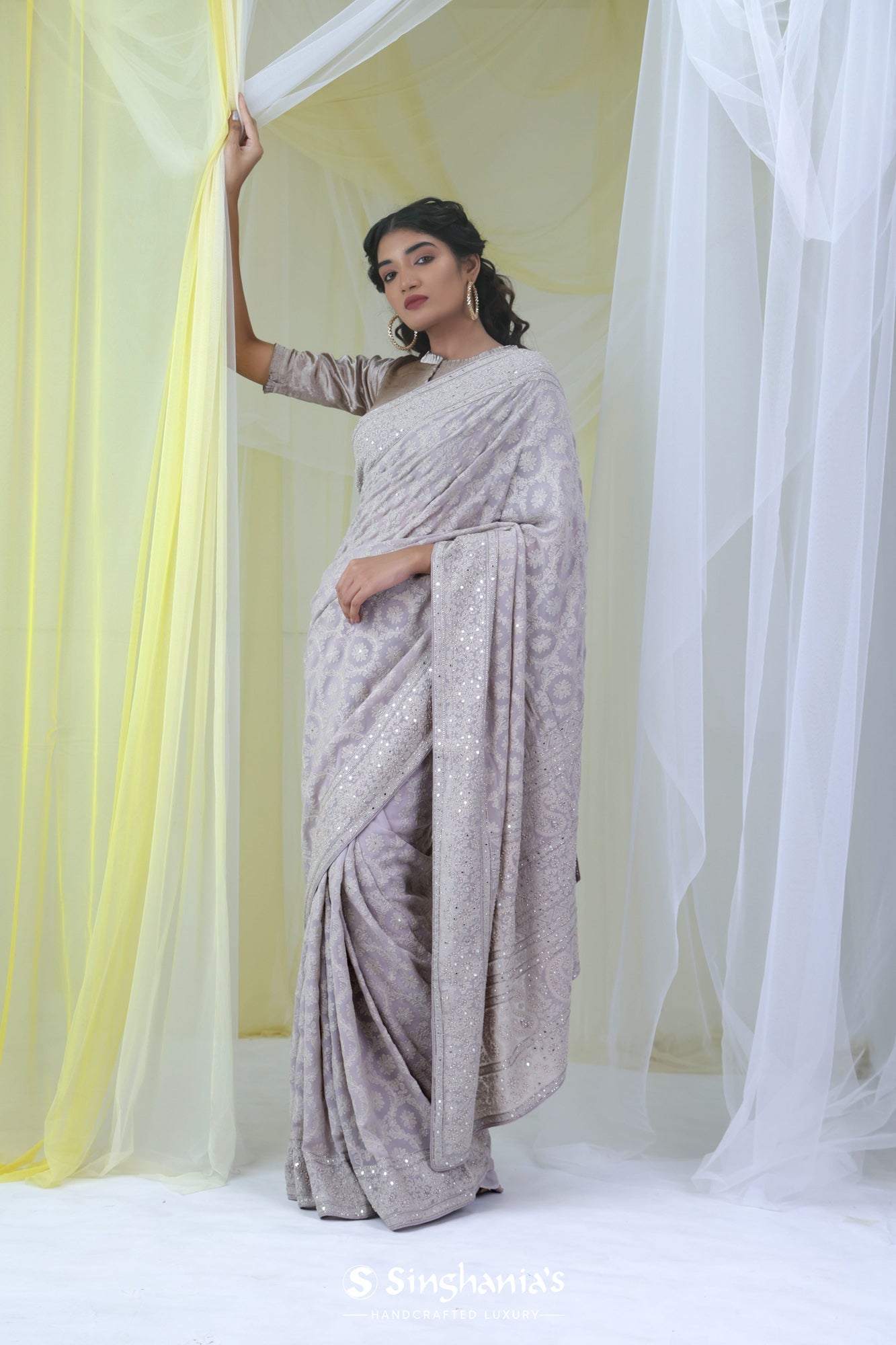 Languid Lavender Georgette Saree With Lucknowi Embroidery