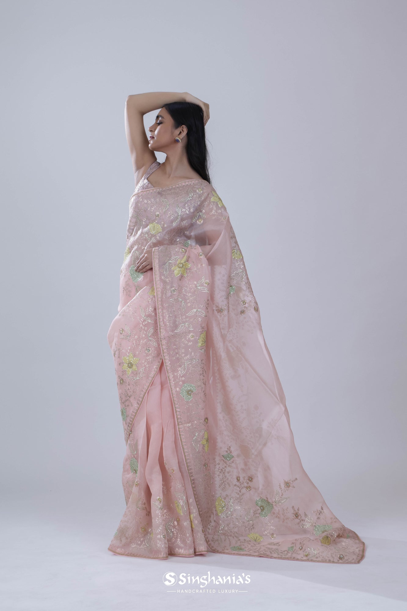 Pastel Pink Organza Saree With Floral Embroidery
