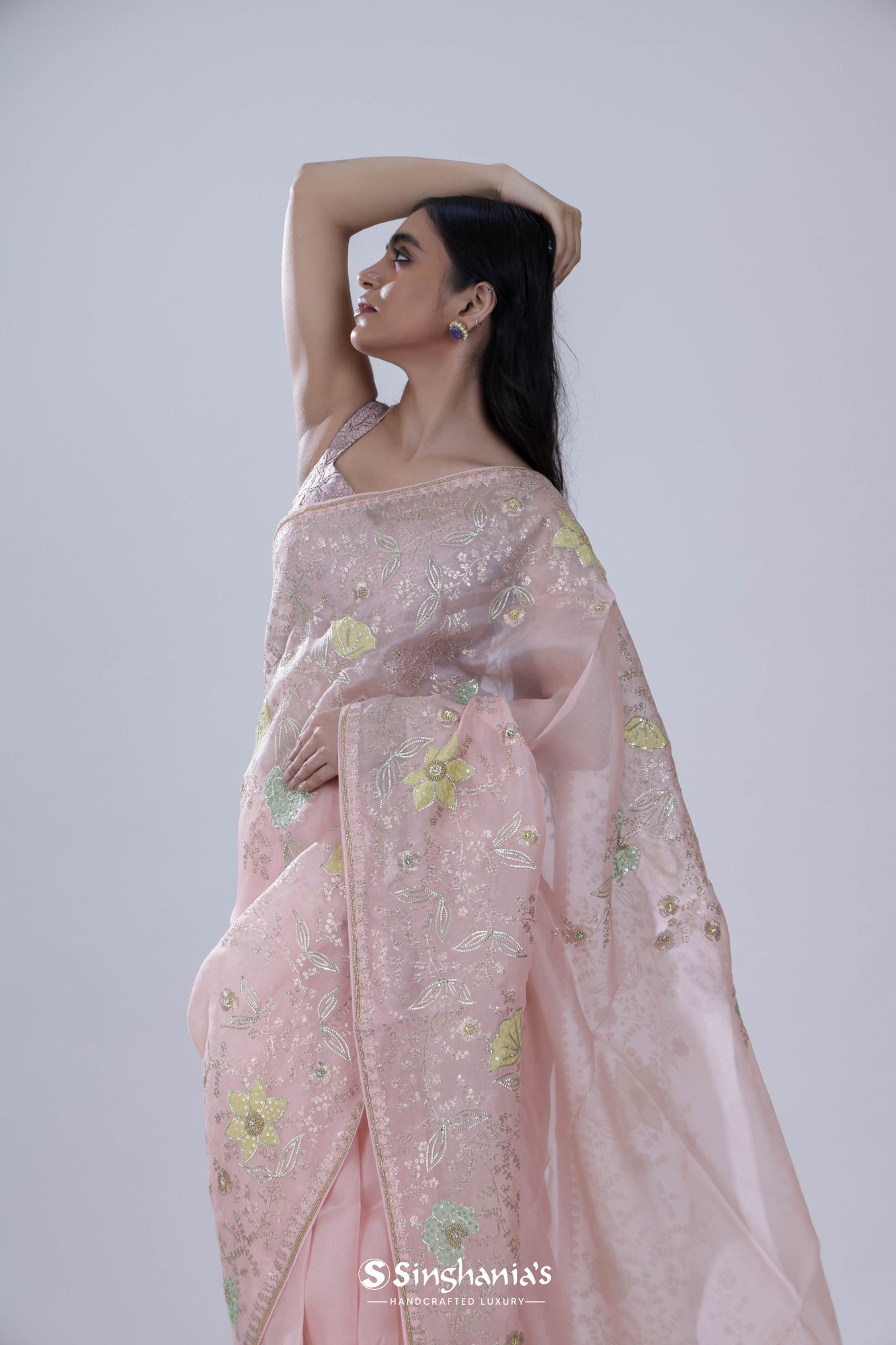 Pastel Pink Organza Saree With Floral Embroidery