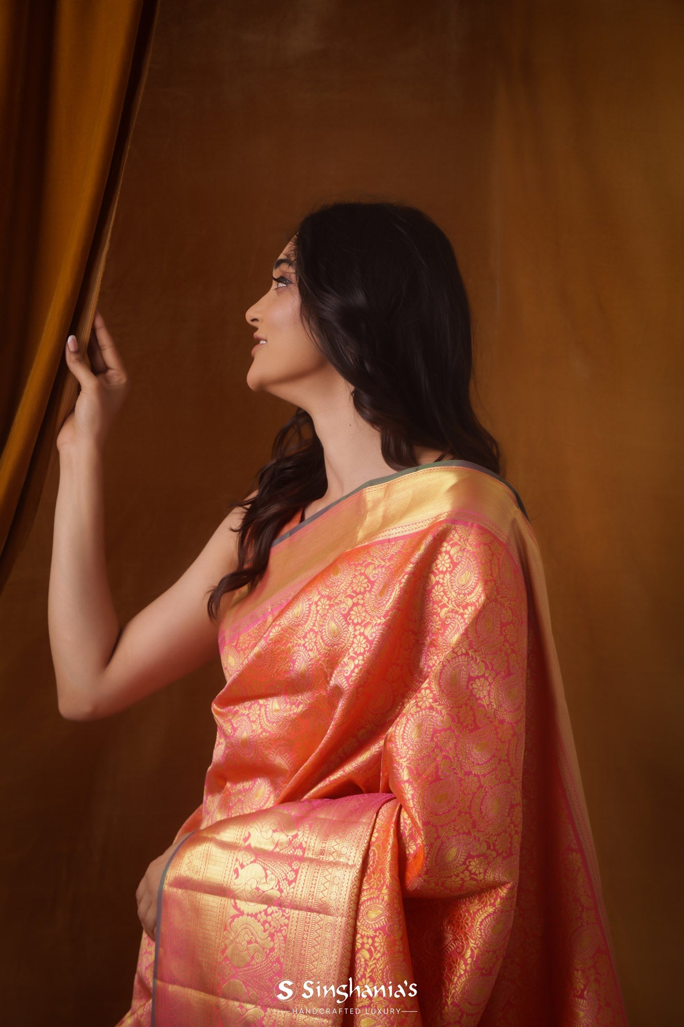 Tulip Pink & Gold Kanjivaram Silk Saree With Floral Paisley Weaving