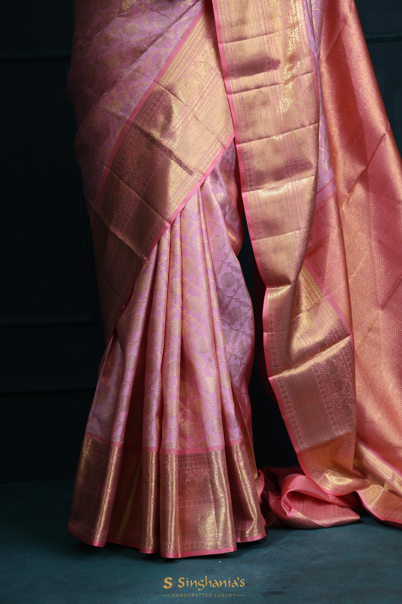 Persian Pink Kanjivaram Silk Saree With Floral Jaal Design