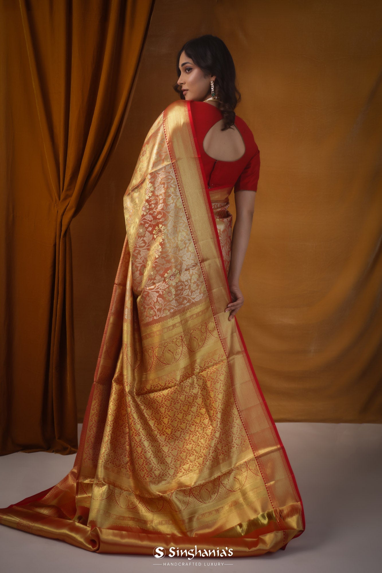Red Gold Tissue Kanjivaram Saree With Floral Jaal Weaving