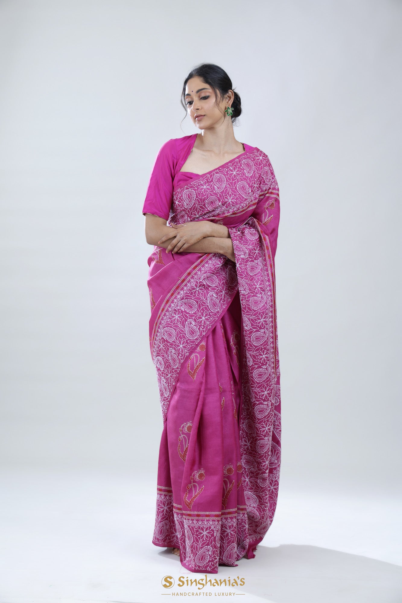 Rosy Pink Tussar Designer Saree