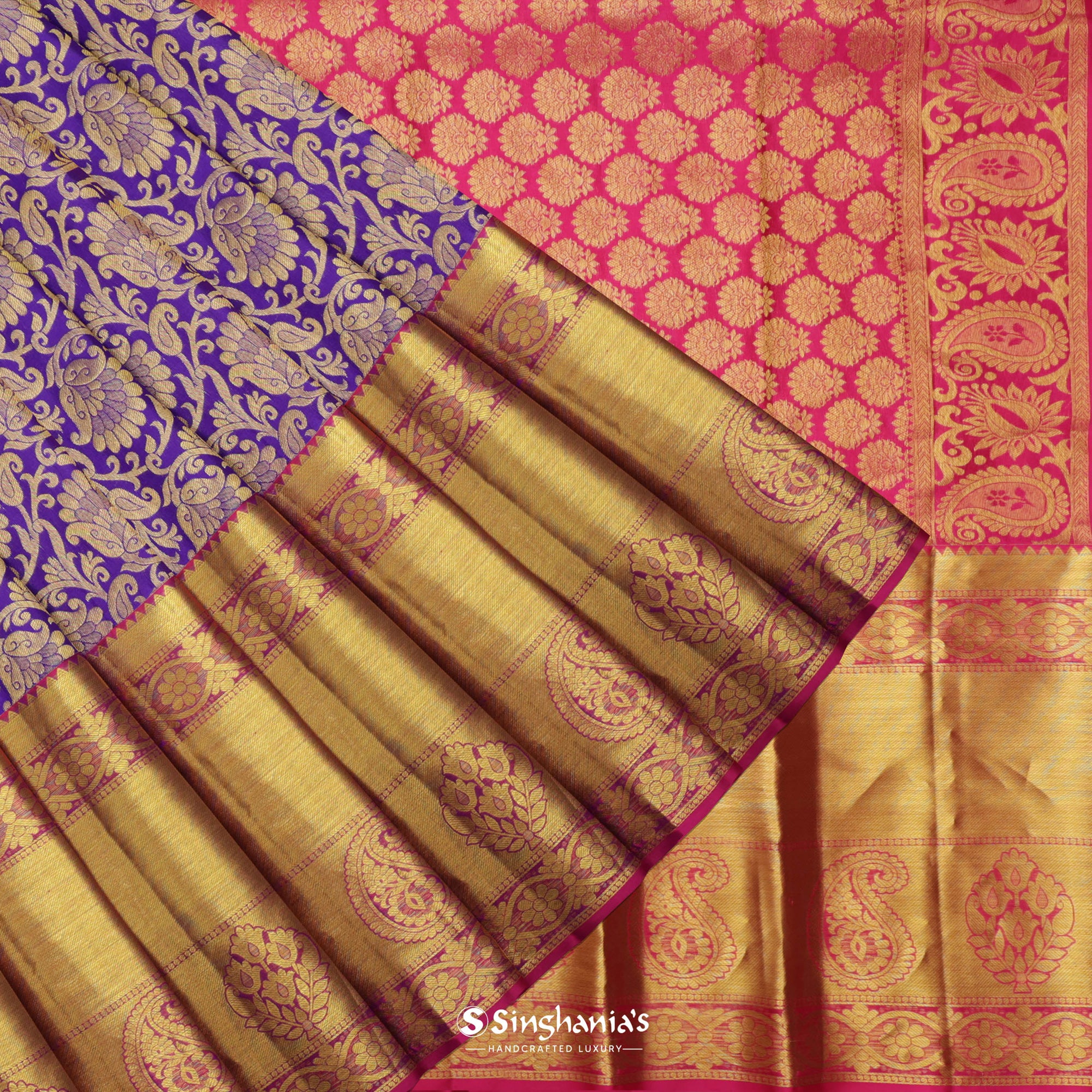 Indigo Purple Kanjivaram Silk Saree With Floral Jaal Design