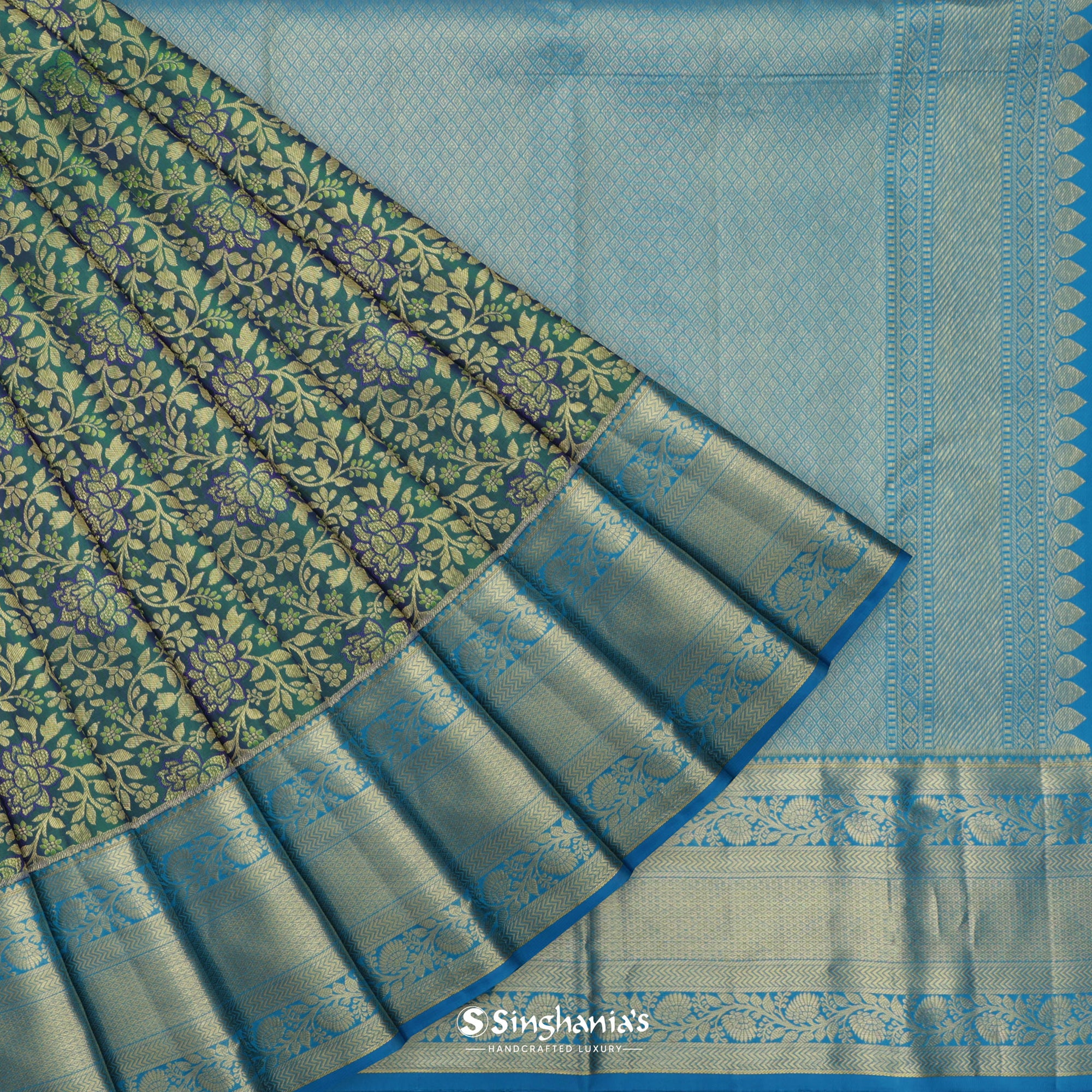 Medium Jungle Green Kanjivaram Silk Saree With Floral Jaal Weaving