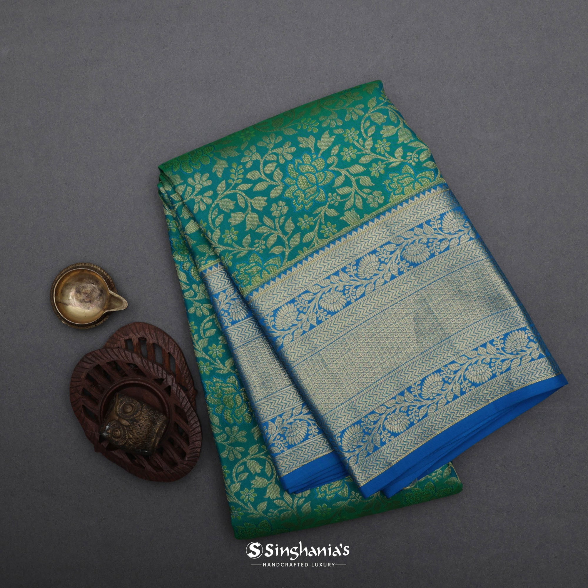 Jungle Green Kanjivaram Silk Saree With Floral Jaal Design