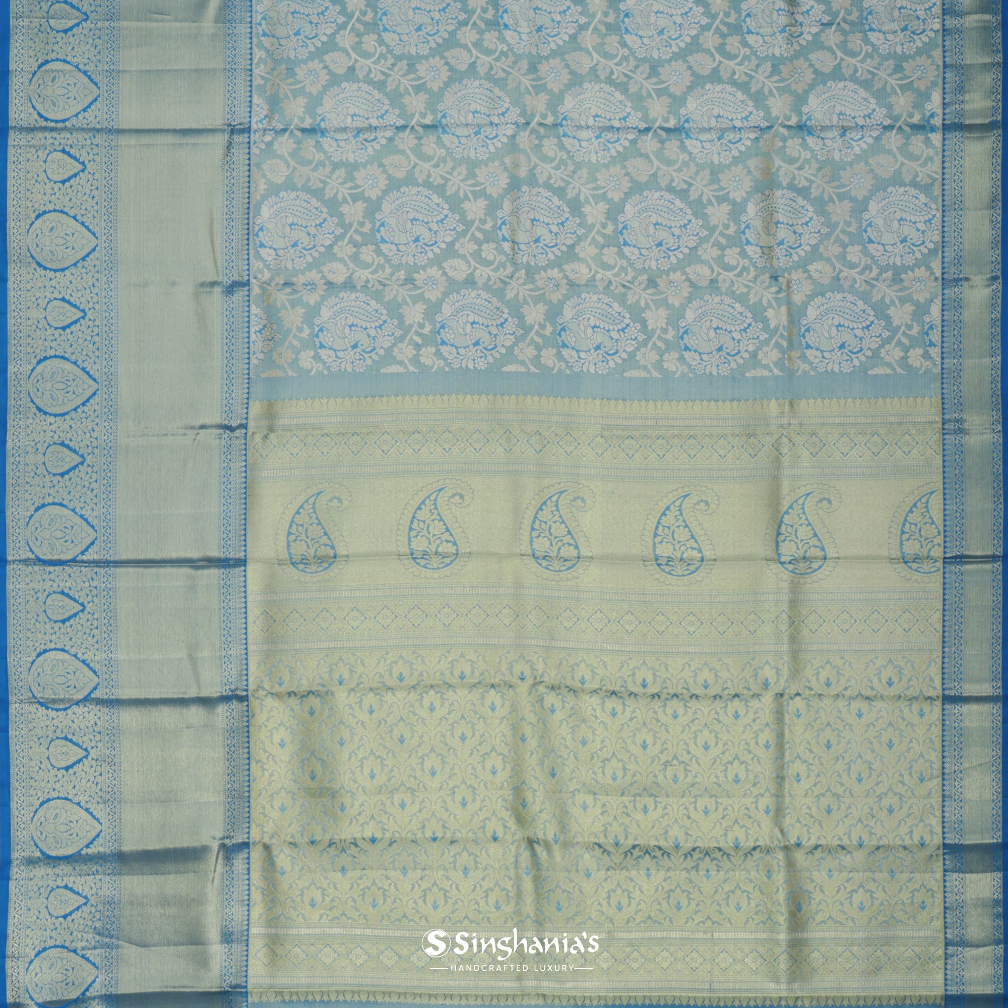 Chlorine Blue Kanjivaram Silk Saree With Floral Jaal Weaving