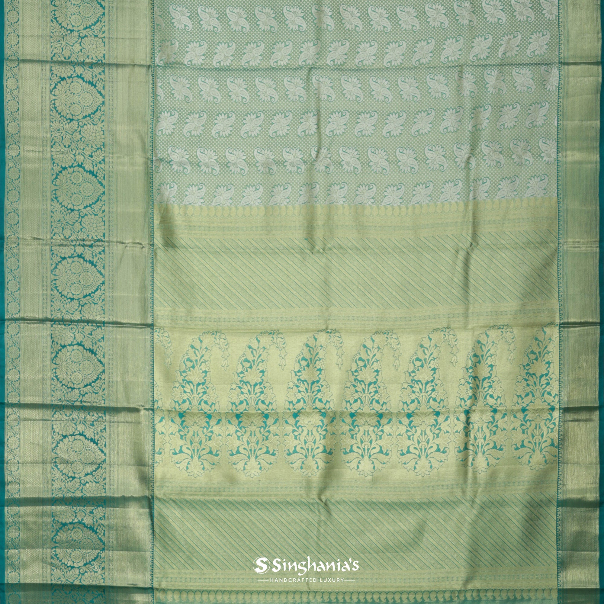 Pastel Olive Green Kanjivaram Silk Saree With Floral Paisley Weaving