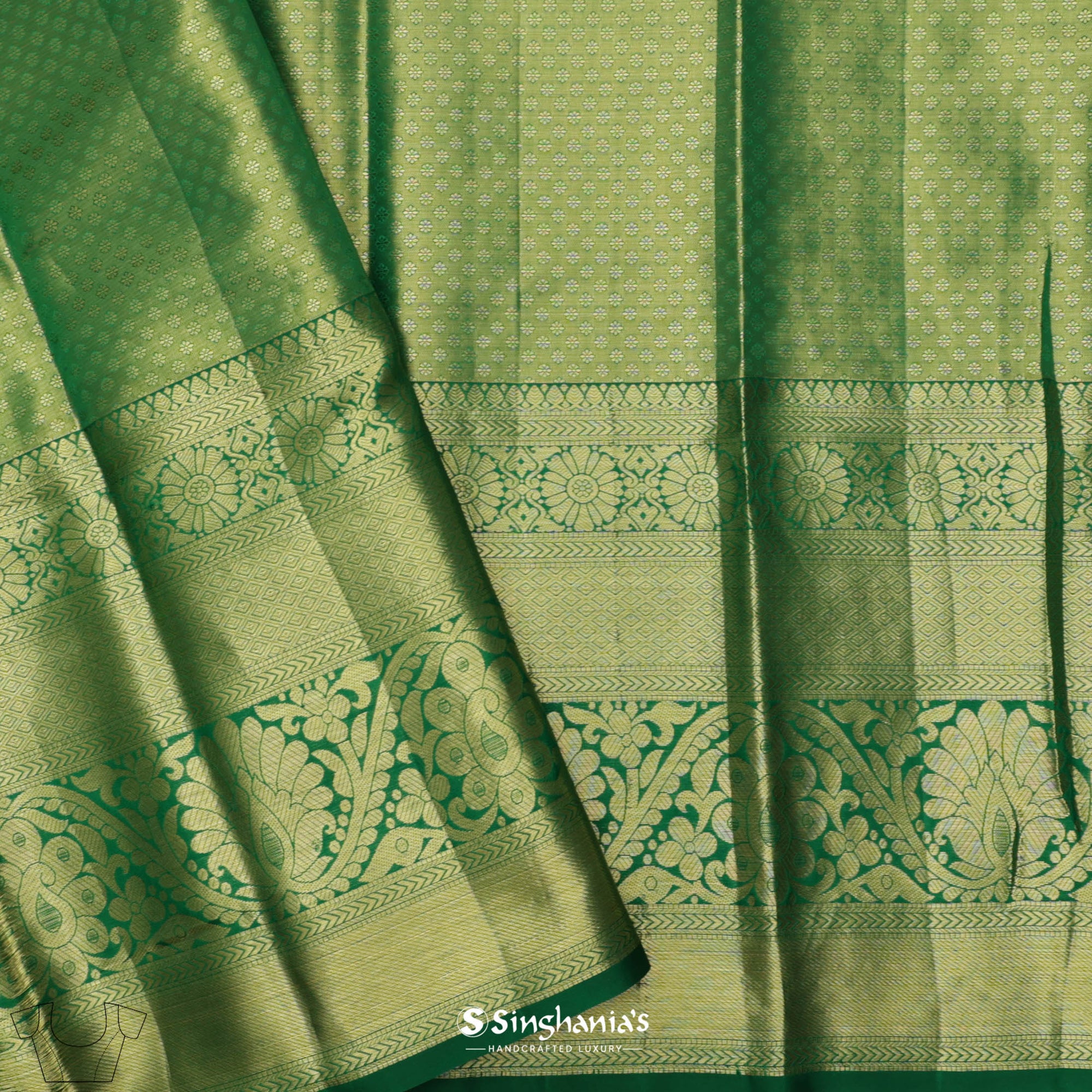 Gin Green Kanjivaram Silk Saree With Floral Buttis Design
